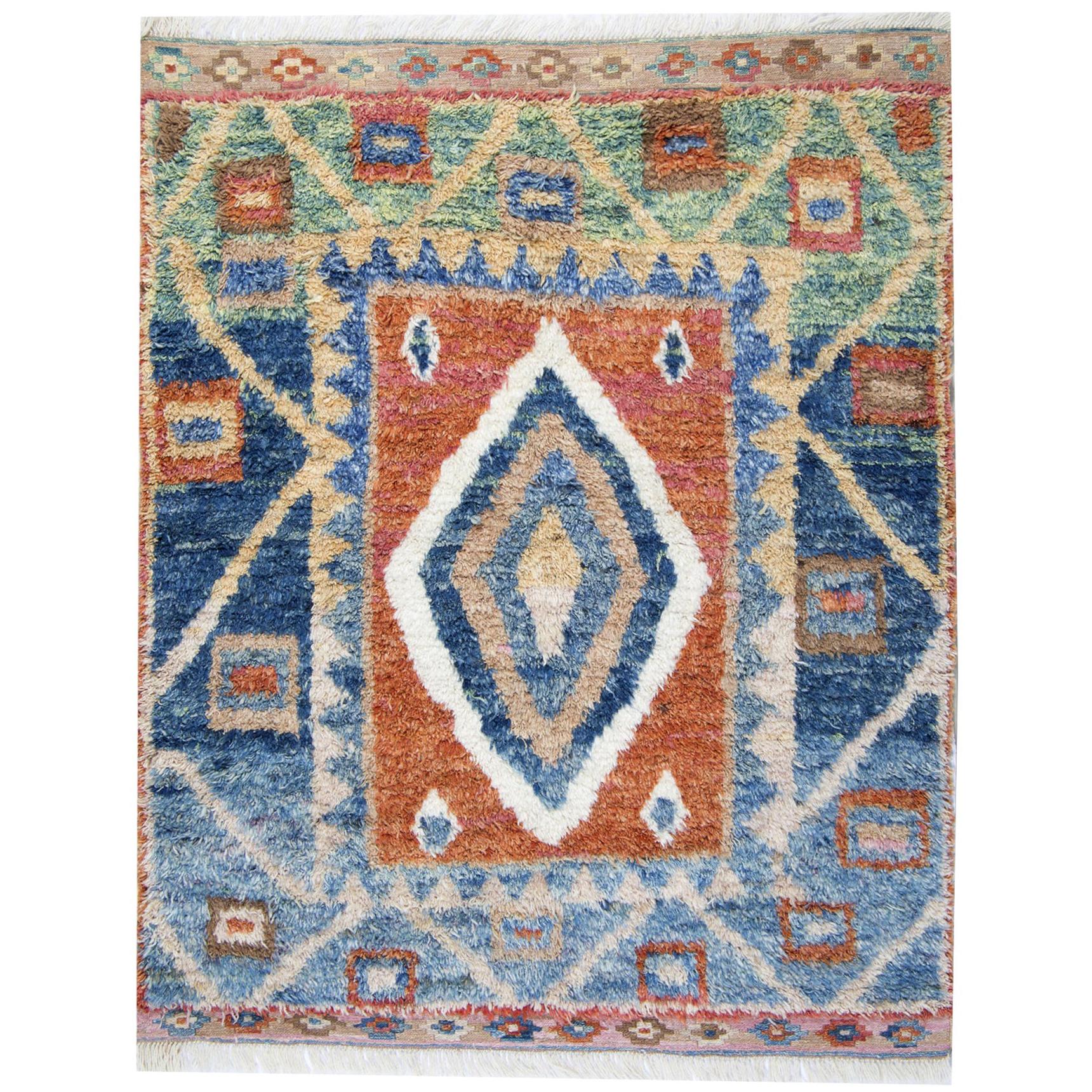 Handmade Carpet Moroccan Rugs, Shaggy Rugs, Red and Blue Primitive
