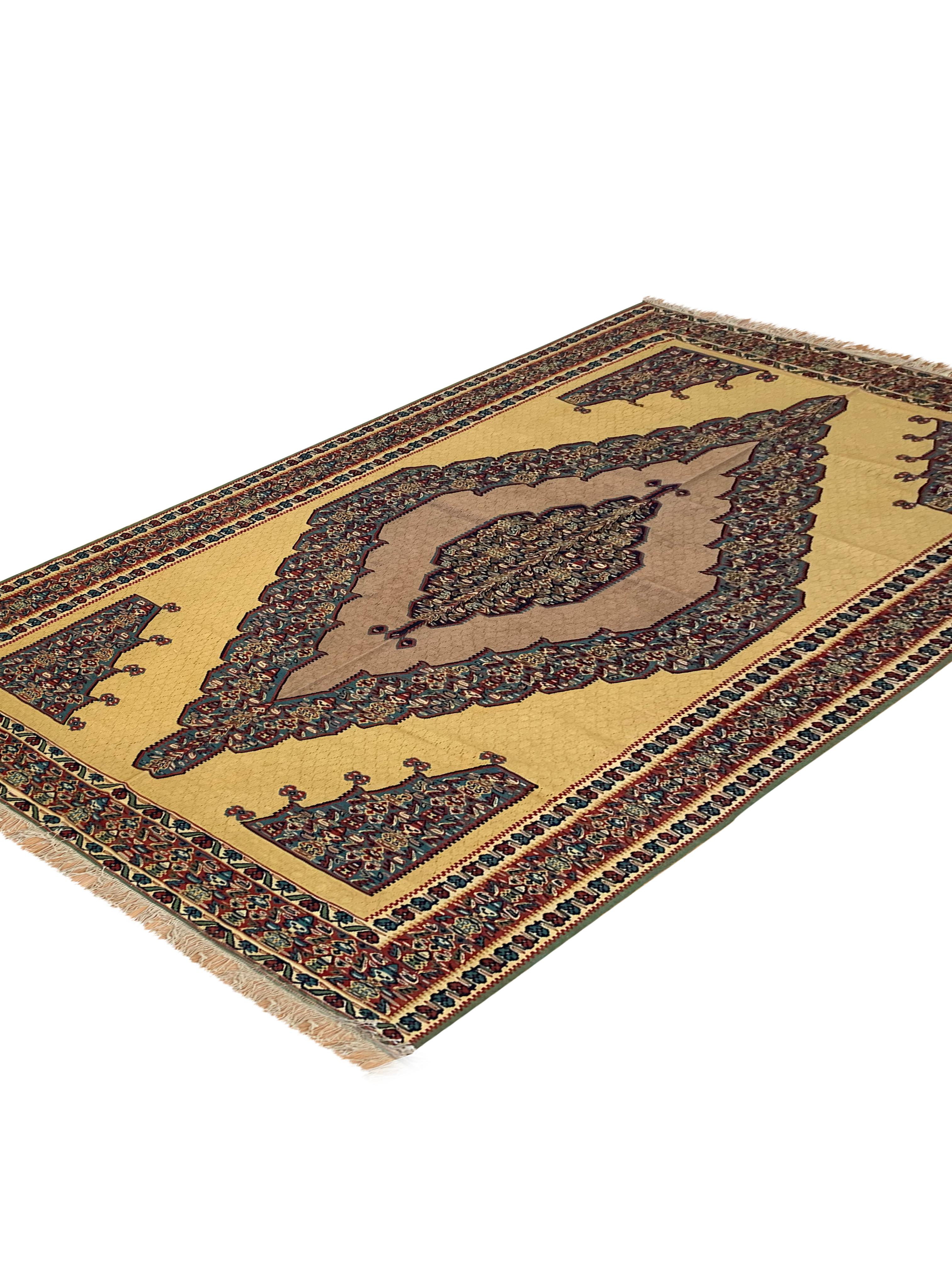 Iraqi Handmade Carpet Oriental Medallion Kilim Yellow Living Area Rug For Sale