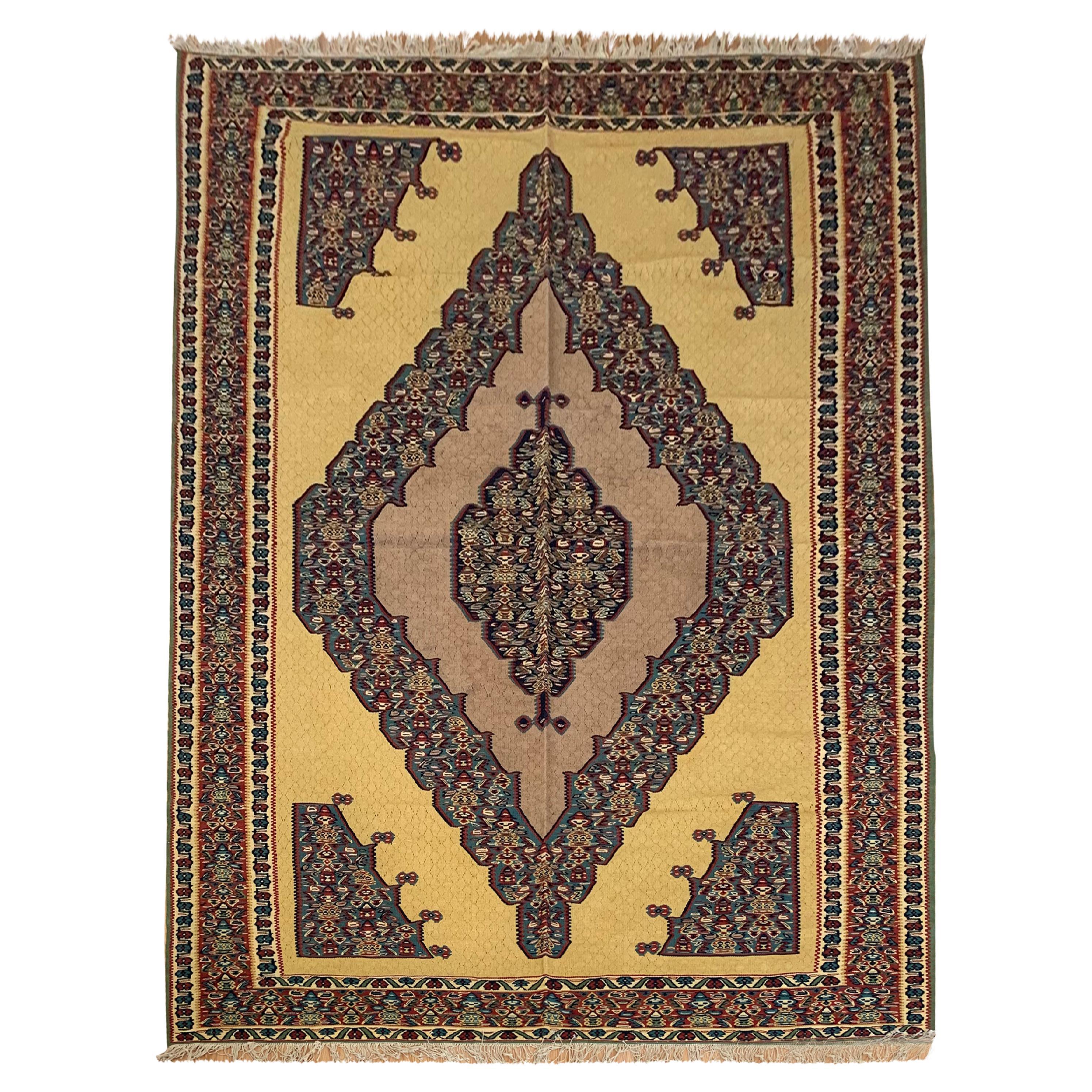 Handmade Carpet Oriental Medallion Kilim Yellow Living Area Rug For Sale