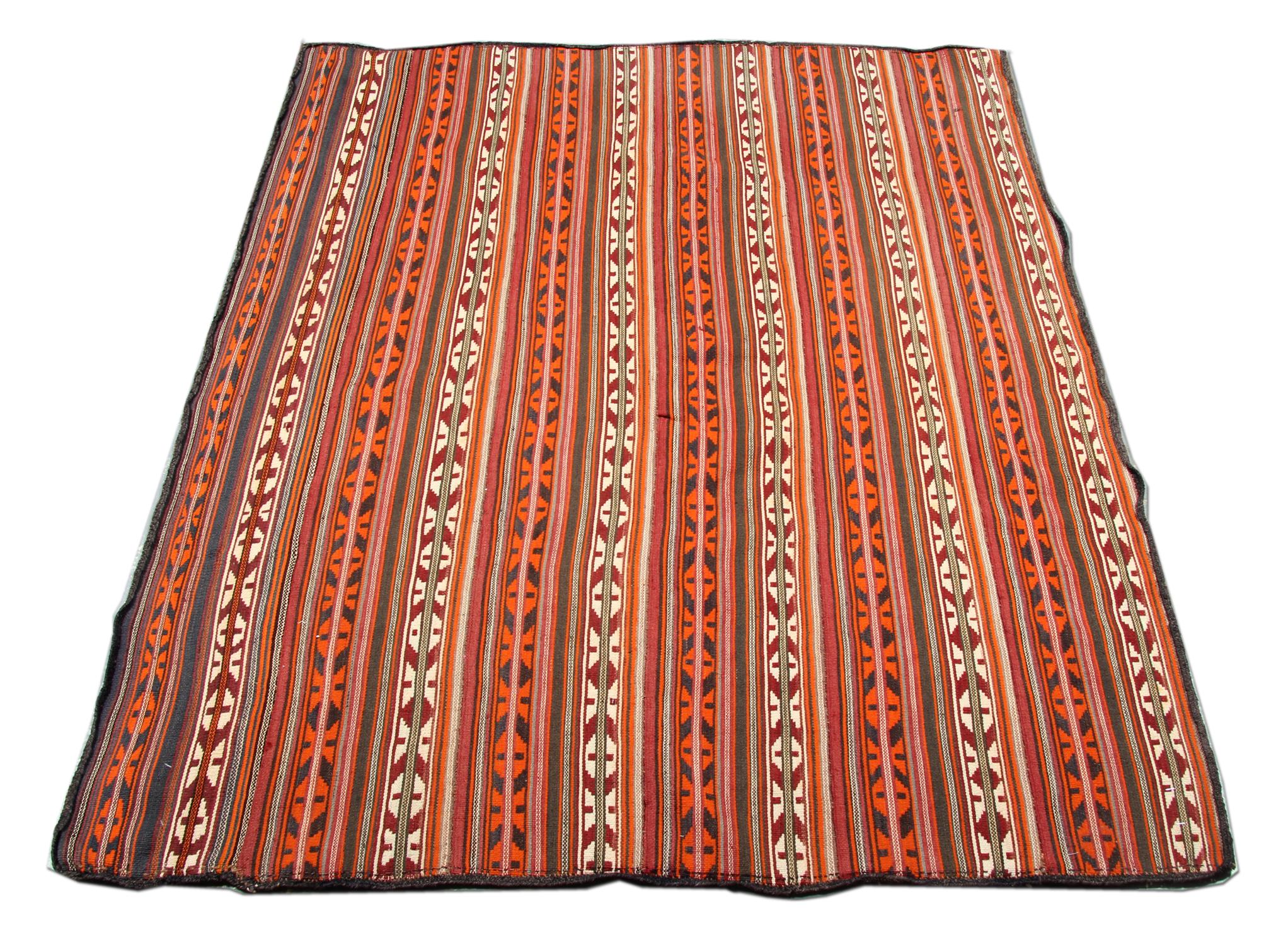 Country Handmade Carpet Oriental Striped Rug Antique Jajim Flat-Woven For Sale