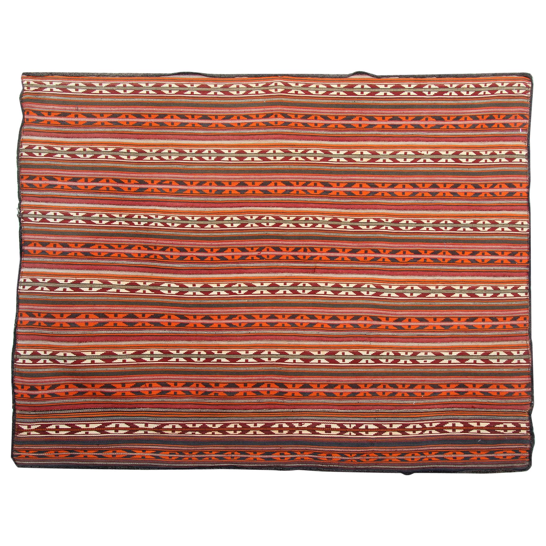 Handmade Carpet Oriental Striped Rug Antique Jajim Flat-Woven For Sale