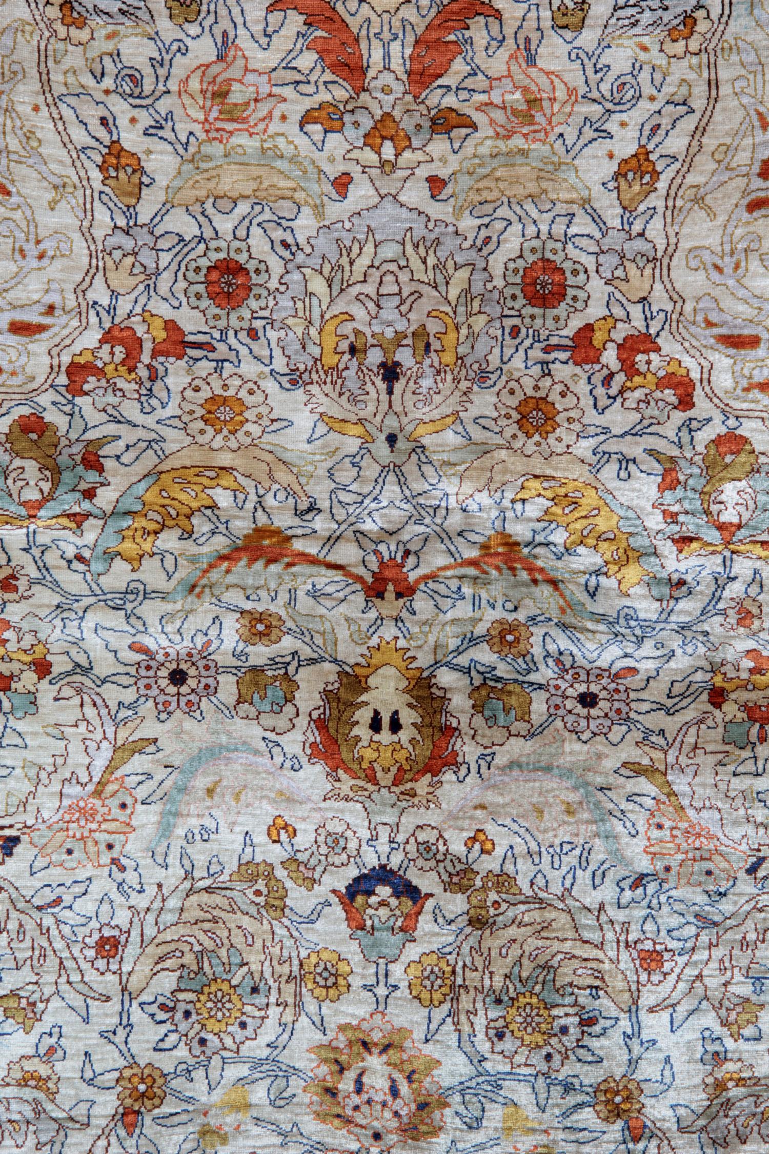 Mid-Century Modern Handmade Carpet Pure Silk Rug, Elegant Turkish Herekeh Oriental Rugs For Sale