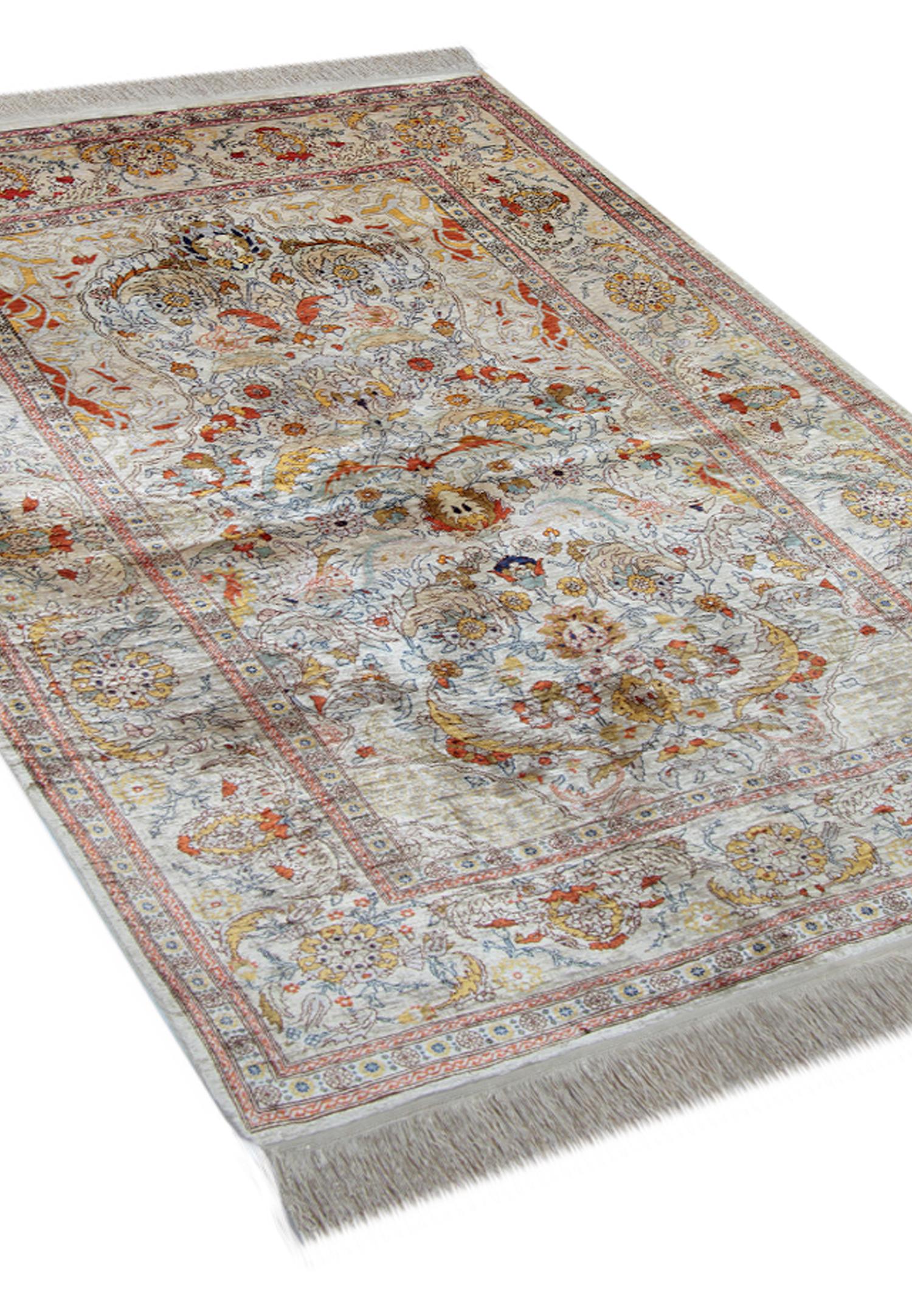 Vegetable Dyed Handmade Carpet Pure Silk Rug, Elegant Turkish Herekeh Oriental Rugs For Sale