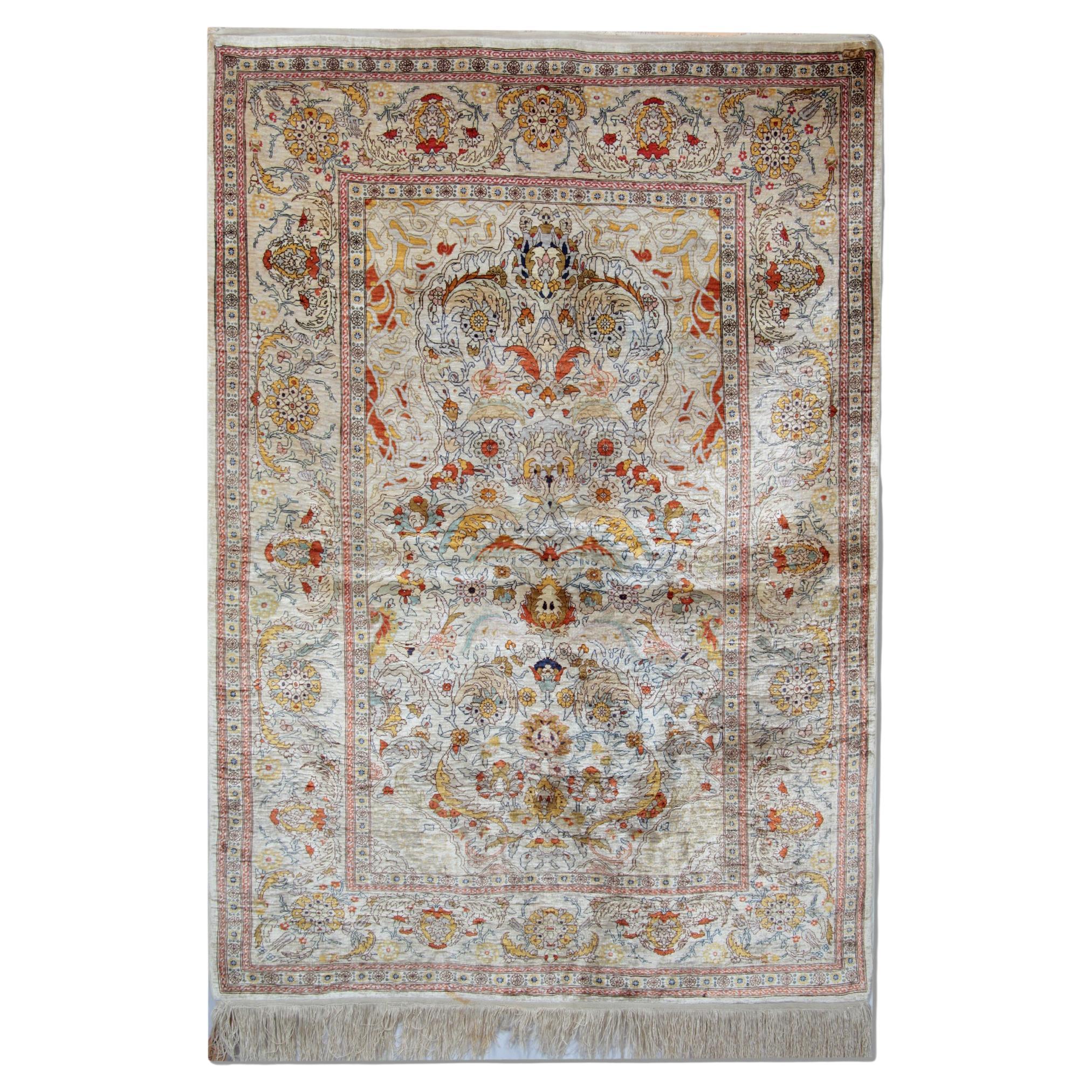 Handmade Carpet Pure Silk Rug, Elegant Turkish Herekeh Oriental Rugs