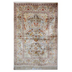 Vintage Handmade Carpet Pure Silk Rug, Elegant Turkish Herekeh Oriental Rugs