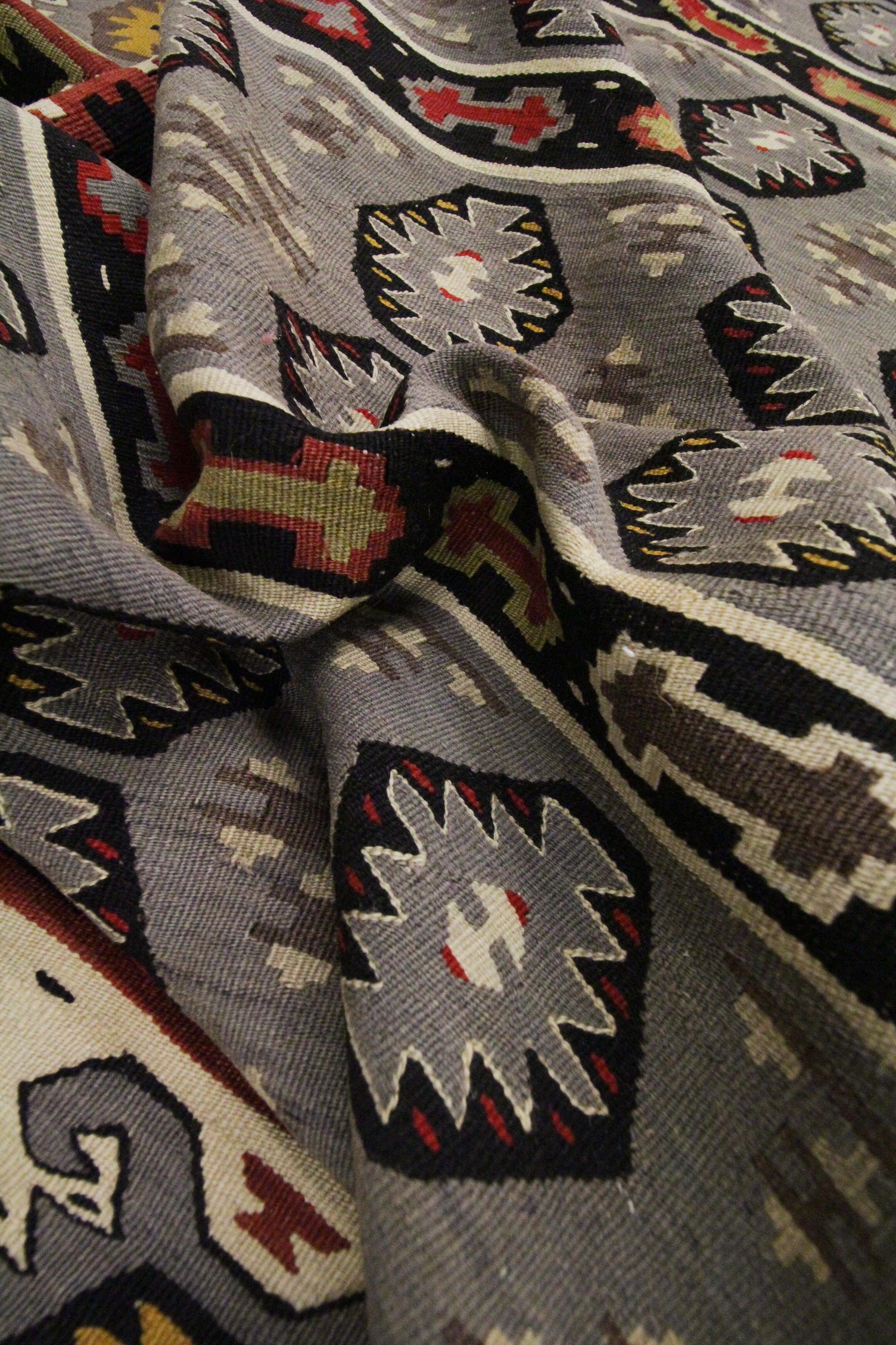 Handmade Carpet Serbian Kilims Striped Wool Blue Flatweave Area Rug For Sale 3