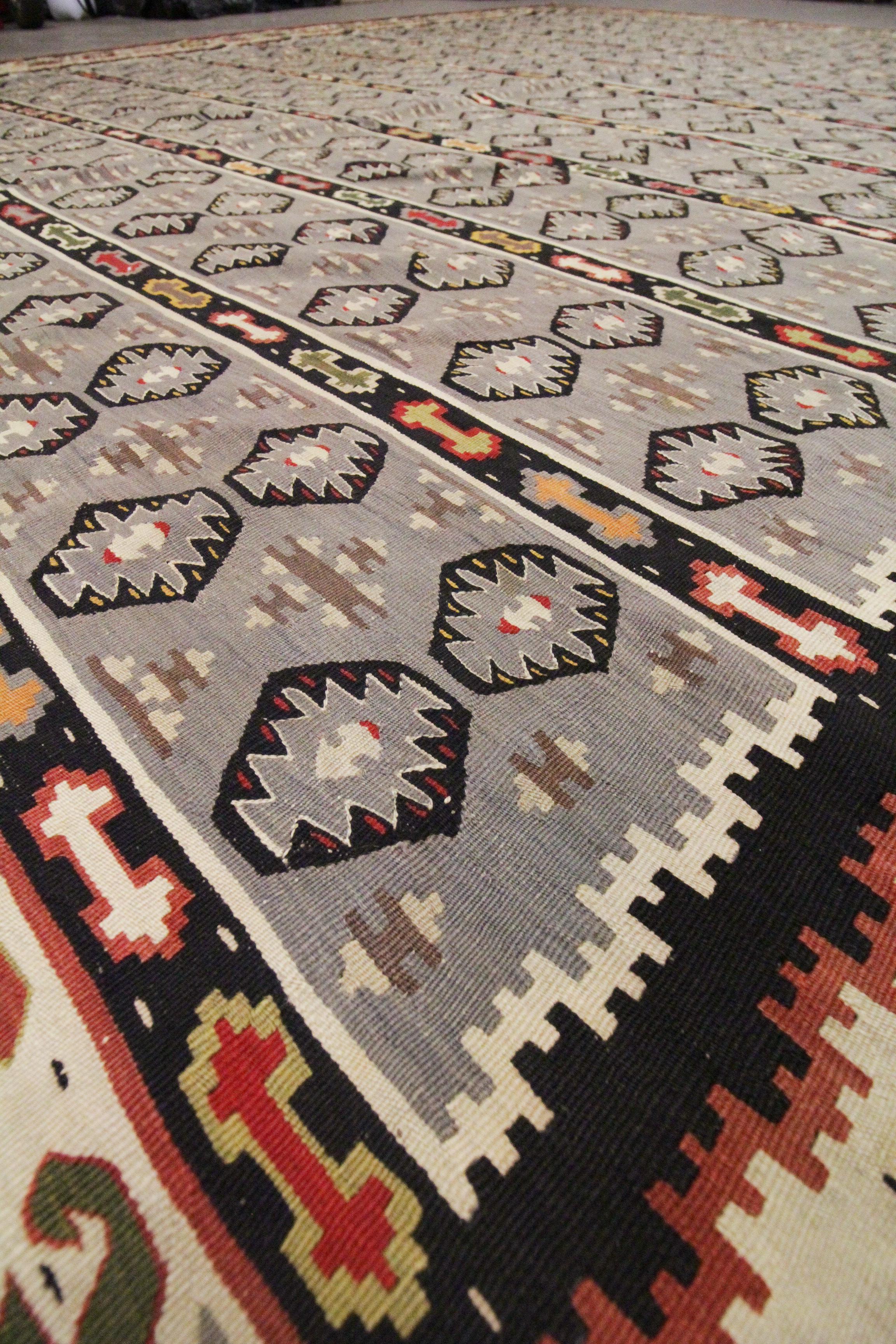 Mid-Century Modern Handmade Carpet Serbian Kilims Striped Wool Blue Flatweave Area Rug For Sale