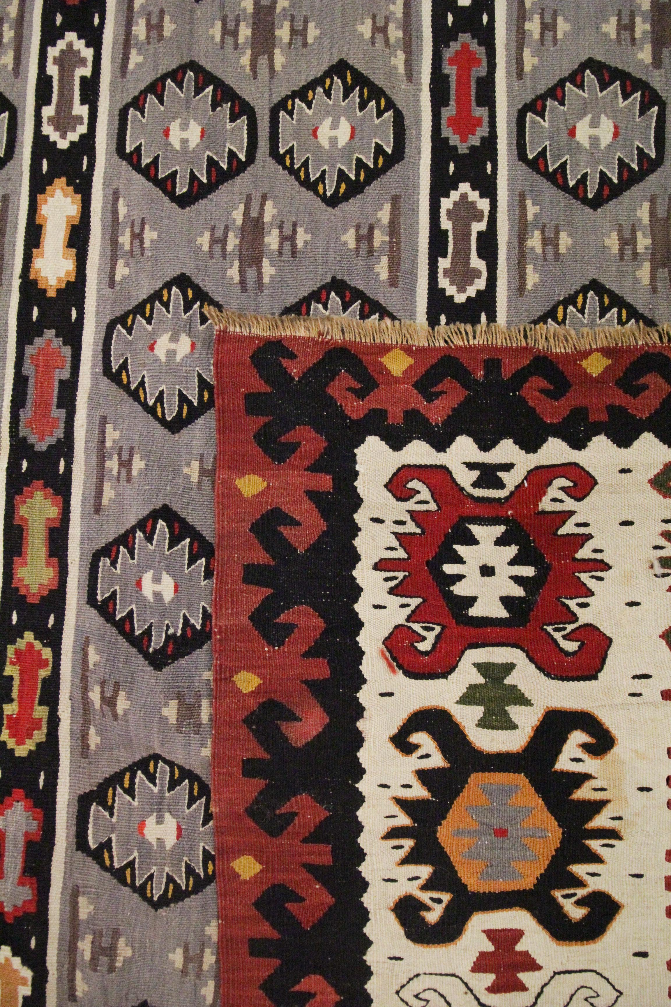 Late 19th Century Handmade Carpet Serbian Kilims Striped Wool Blue Flatweave Area Rug For Sale