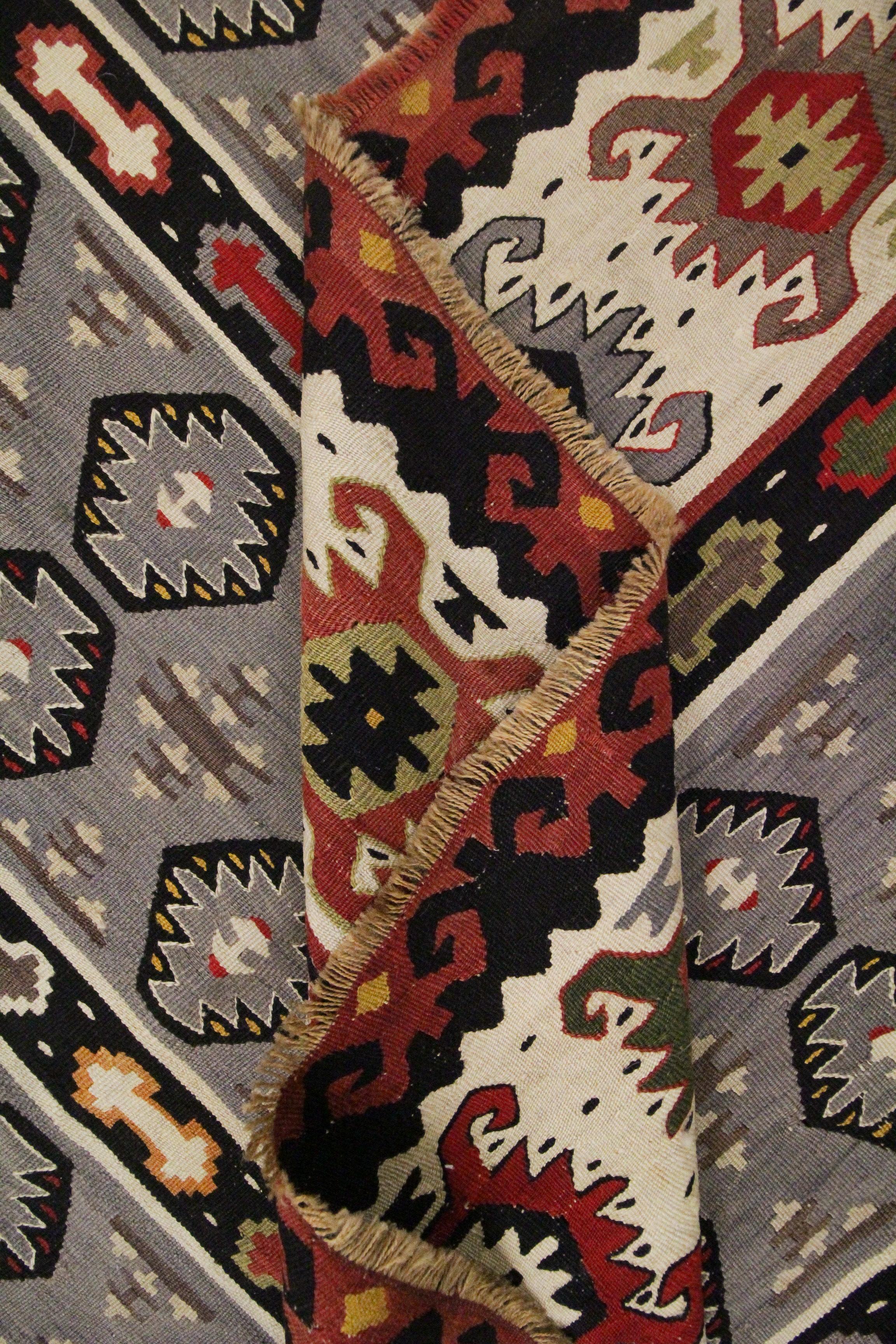 Handmade Carpet Serbian Kilims Striped Wool Blue Flatweave Area Rug For Sale 2