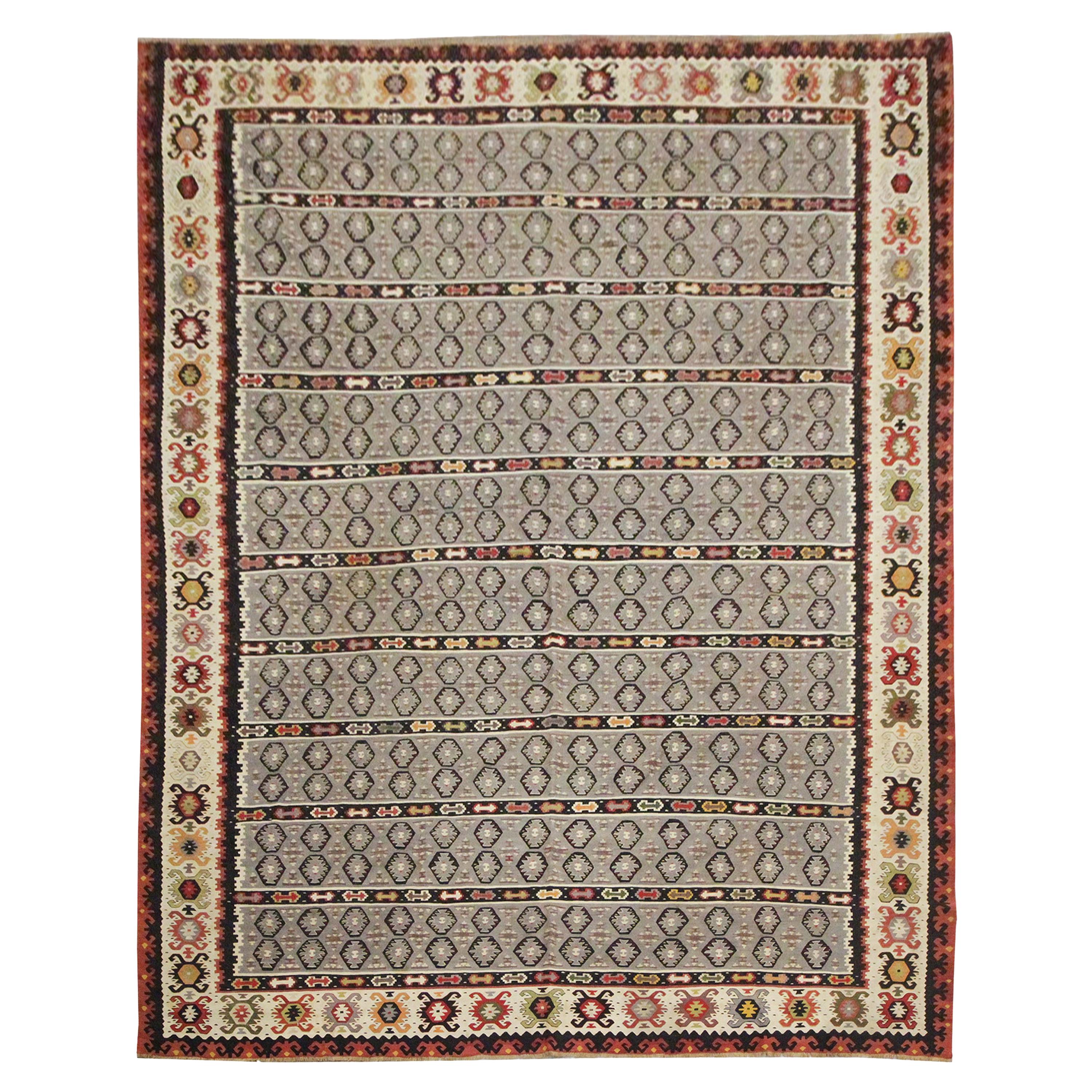 Handmade Carpet Serbian Kilims Striped Wool Blue Flatweave Area Rug For Sale