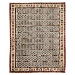 Antique Handmade Carpet Serbian Kilims Striped Wool Blue Flatweave Area Rug
