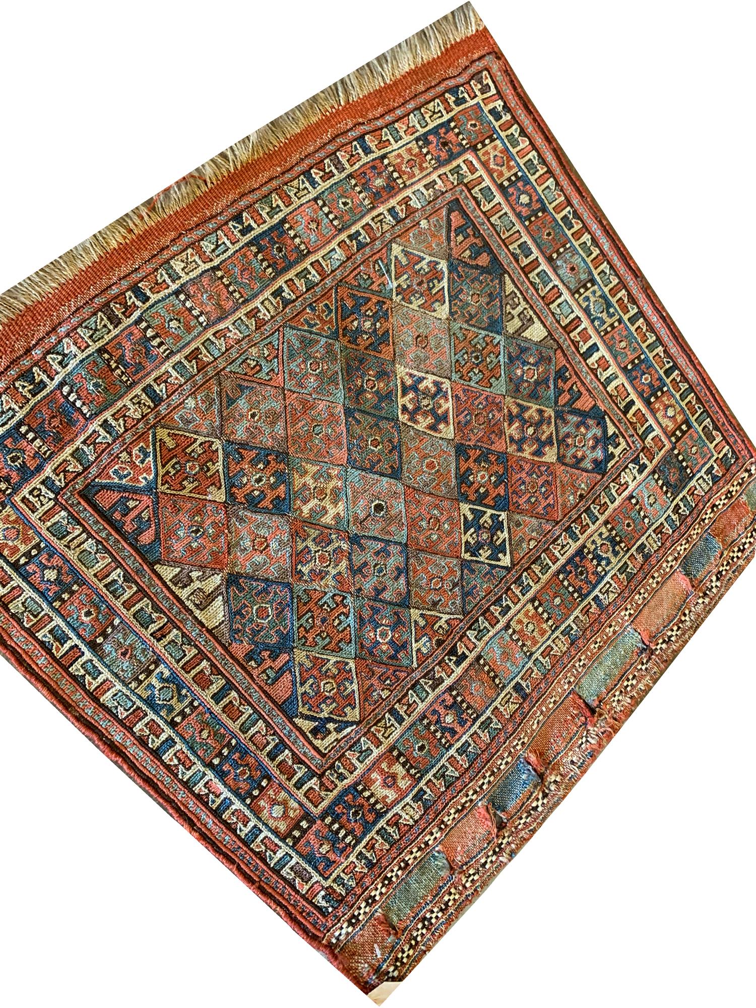 Azerbaijani Handmade Carpet Square Antique Rug, Caucasian Rust Wool Kilims Sumak For Sale