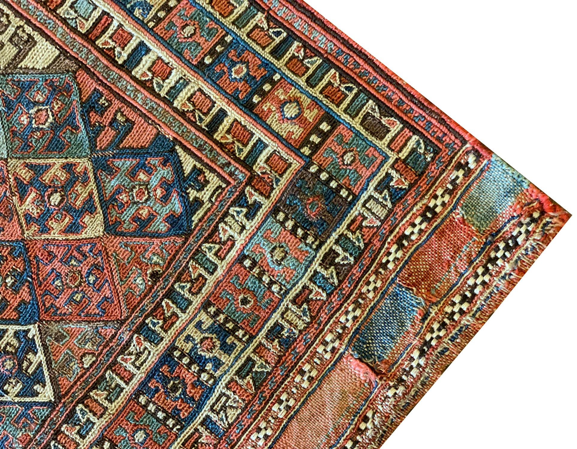 Handmade Carpet Square Antique Rug, Caucasian Rust Wool Kilims Sumak In Excellent Condition For Sale In Hampshire, GB
