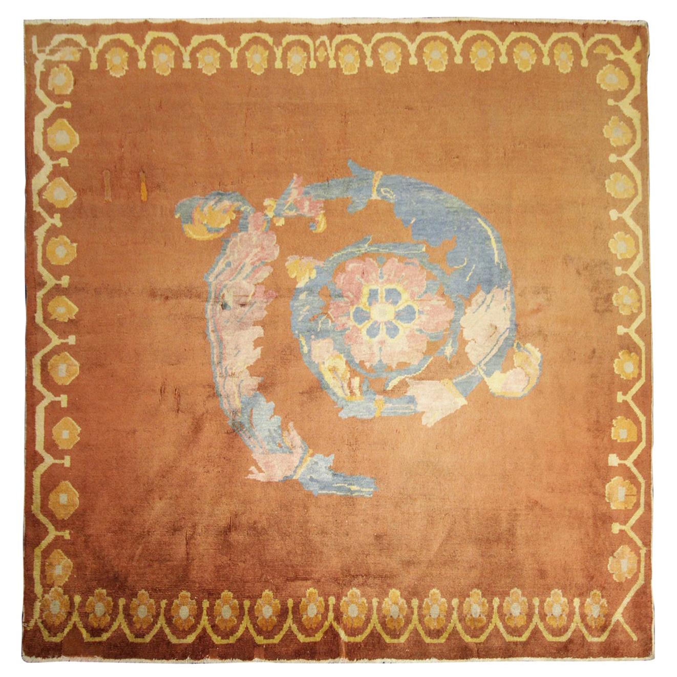 Handgefertigter handgefertigter Teppich, quadratischer chinesischer Teppich Art Deco Teppich, antiker Teppich Wollteppich