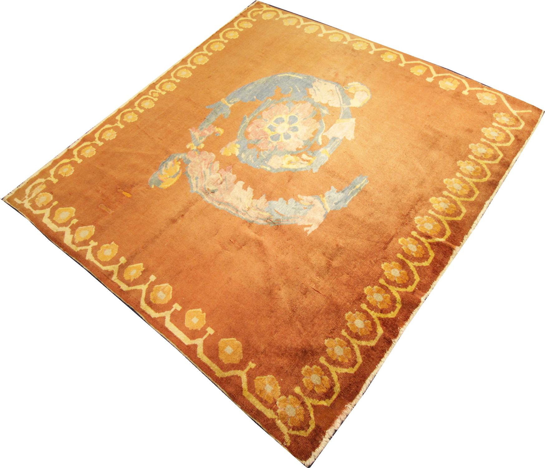 Khotan Handmade Carpet, Square Chinese Rug Art Deco Rug, Antique Rug Wool Carpet For Sale