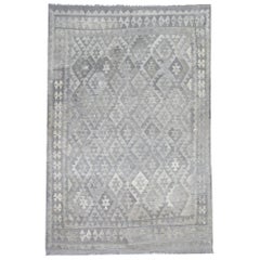 Handmade Carpet Traditional Afghan Kilim Rug Grey and Ivory Wool Rug