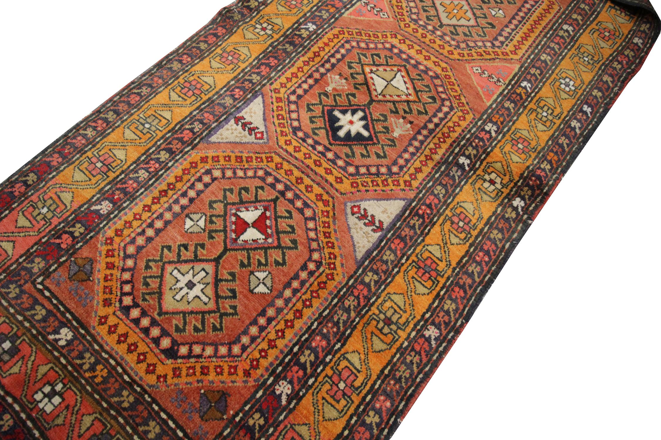 Tribal Handmade Carpet Traditional Antique Carpet, Orange Wool Caucasian Runner Rug For Sale