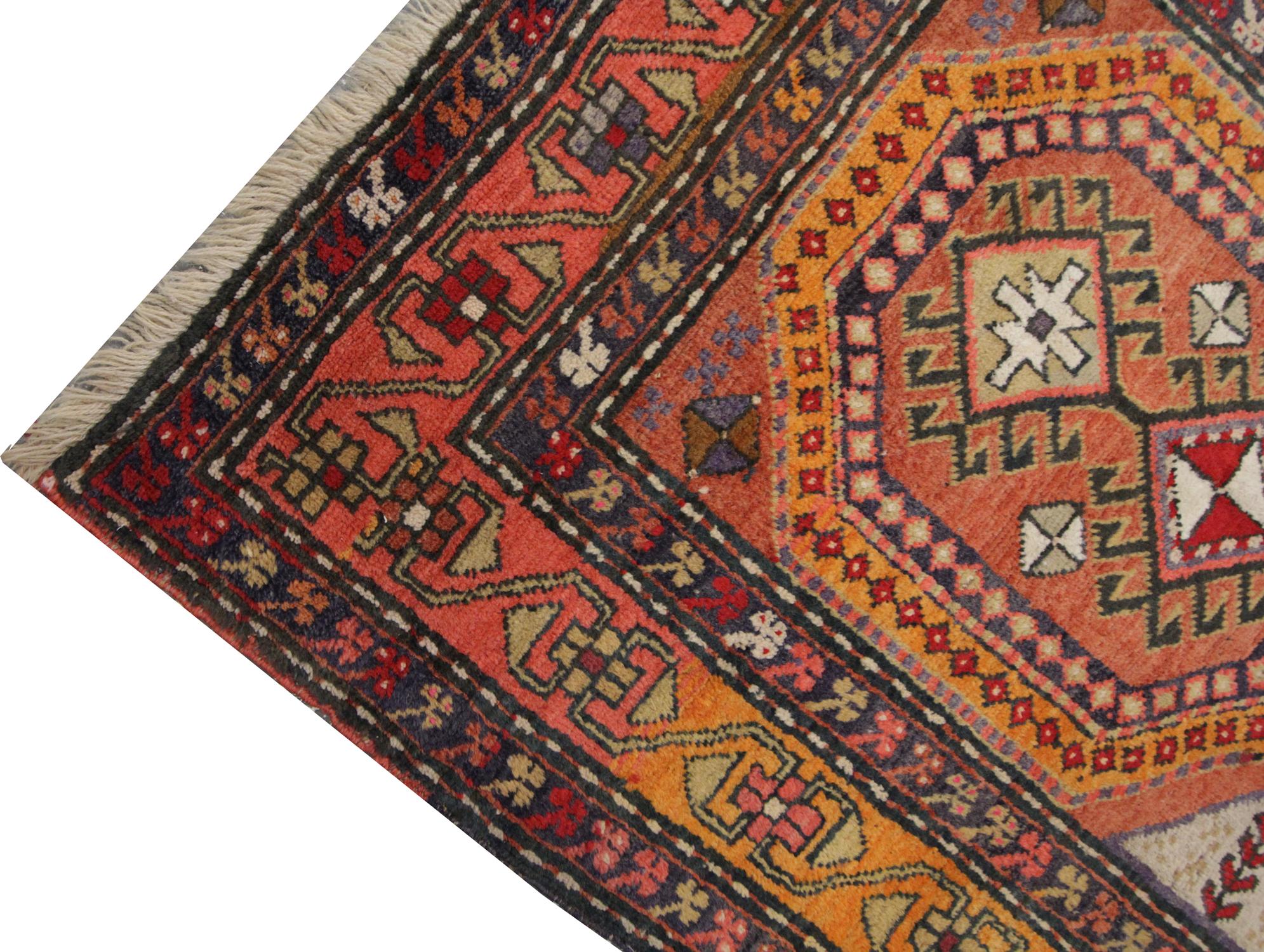 Vegetable Dyed Handmade Carpet Traditional Antique Carpet, Orange Wool Caucasian Runner Rug For Sale