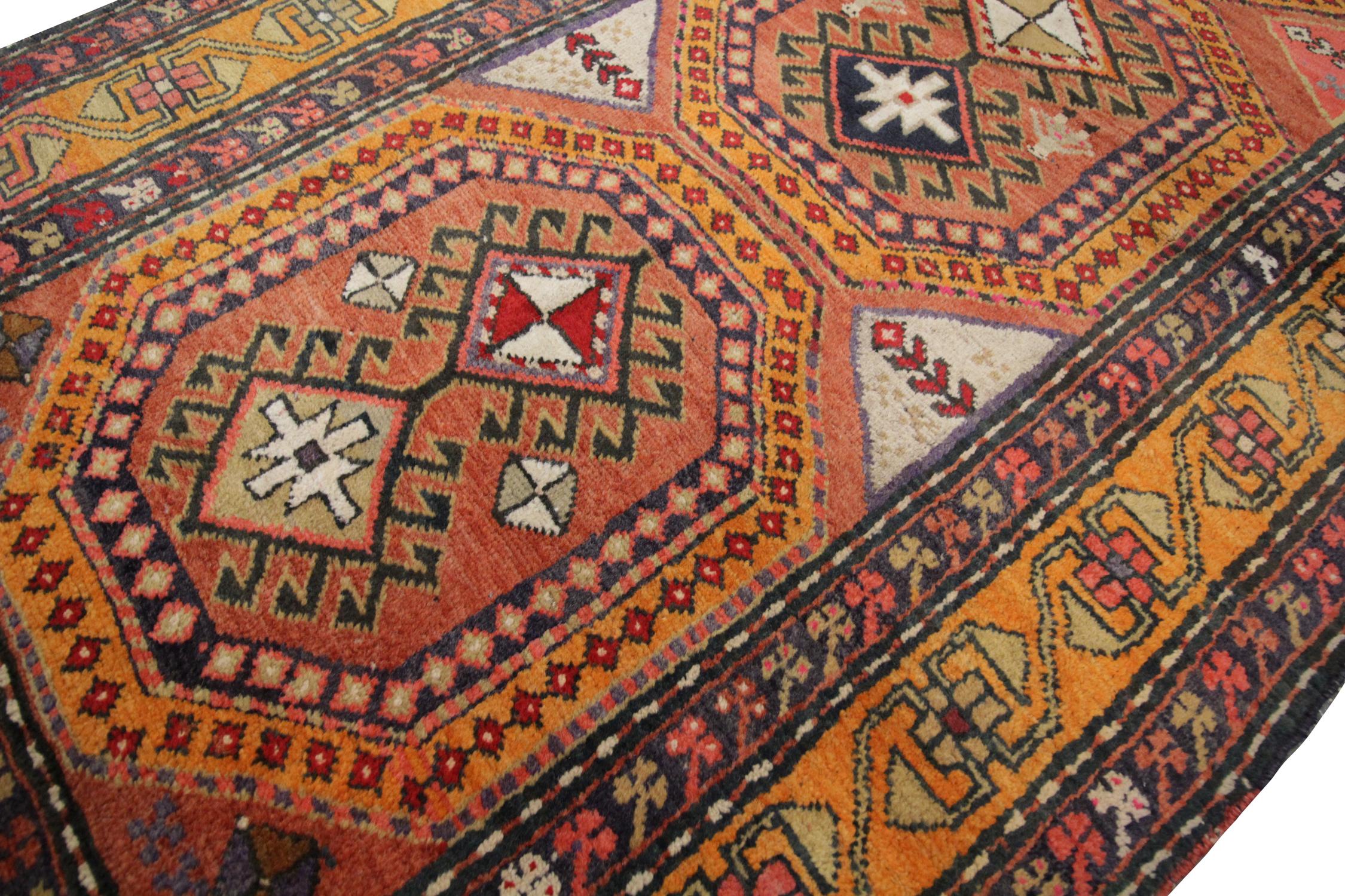 Handmade Carpet Traditional Antique Carpet, Orange Wool Caucasian Runner Rug In Excellent Condition For Sale In Hampshire, GB