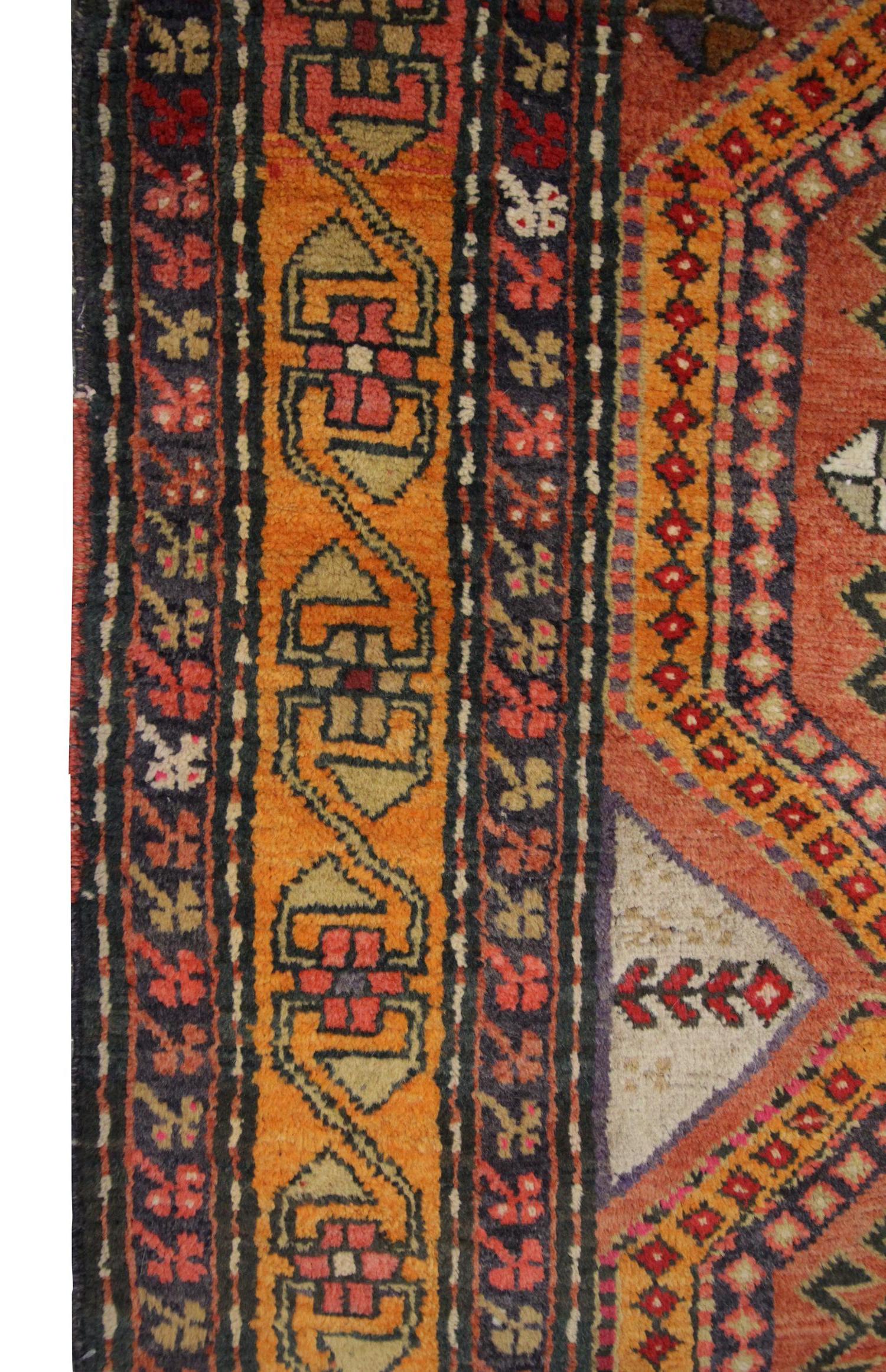 Early 20th Century Handmade Carpet Traditional Antique Carpet, Orange Wool Caucasian Runner Rug For Sale