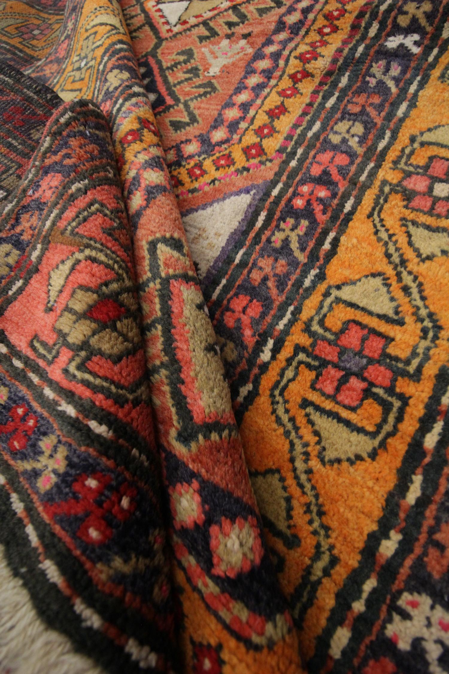 Handmade Carpet Traditional Antique Carpet, Orange Wool Caucasian Runner Rug For Sale 2