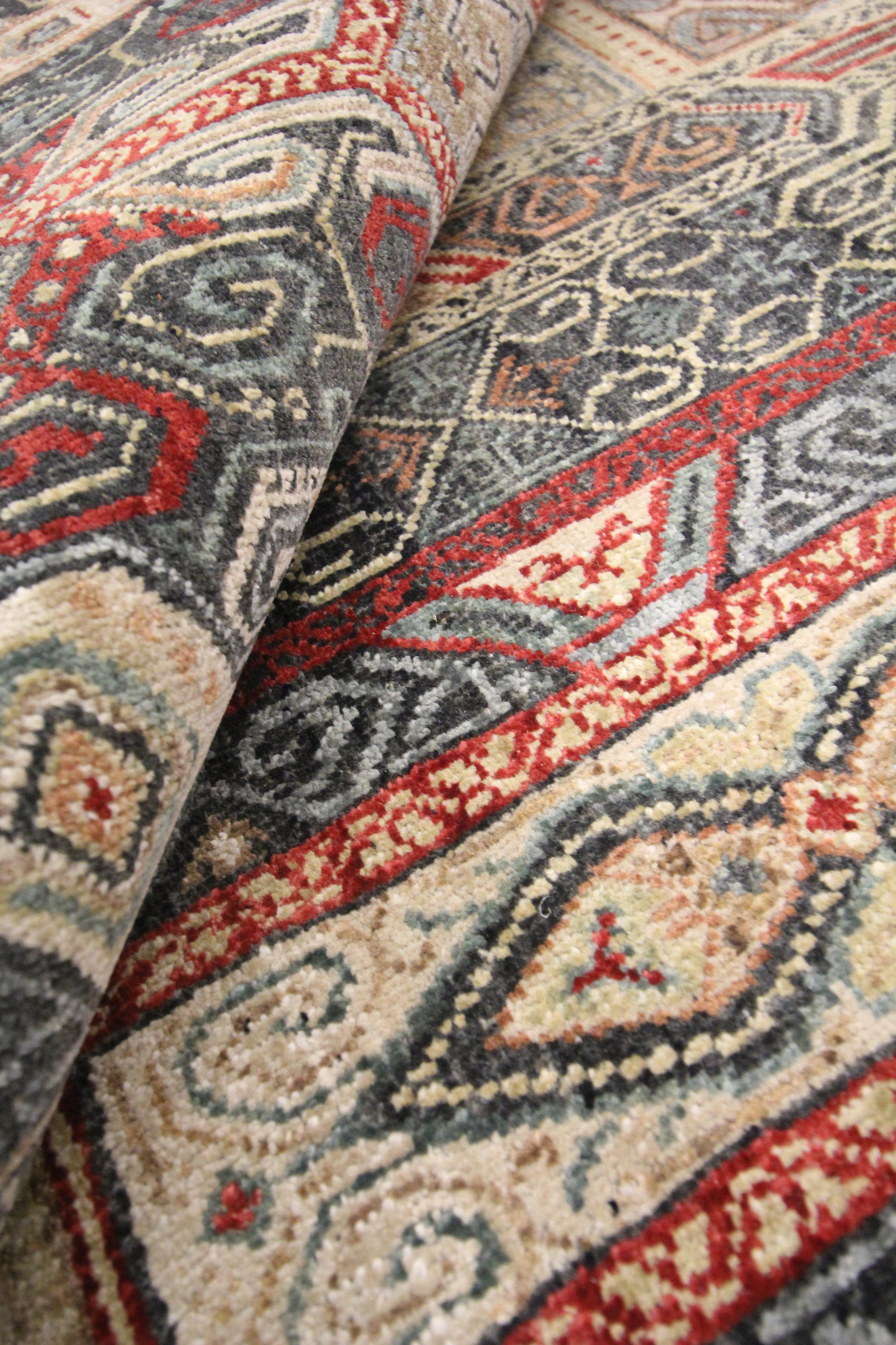Handmade Carpet Traditional Indian Wool Area Rug Beige Green Geometric For Sale 5