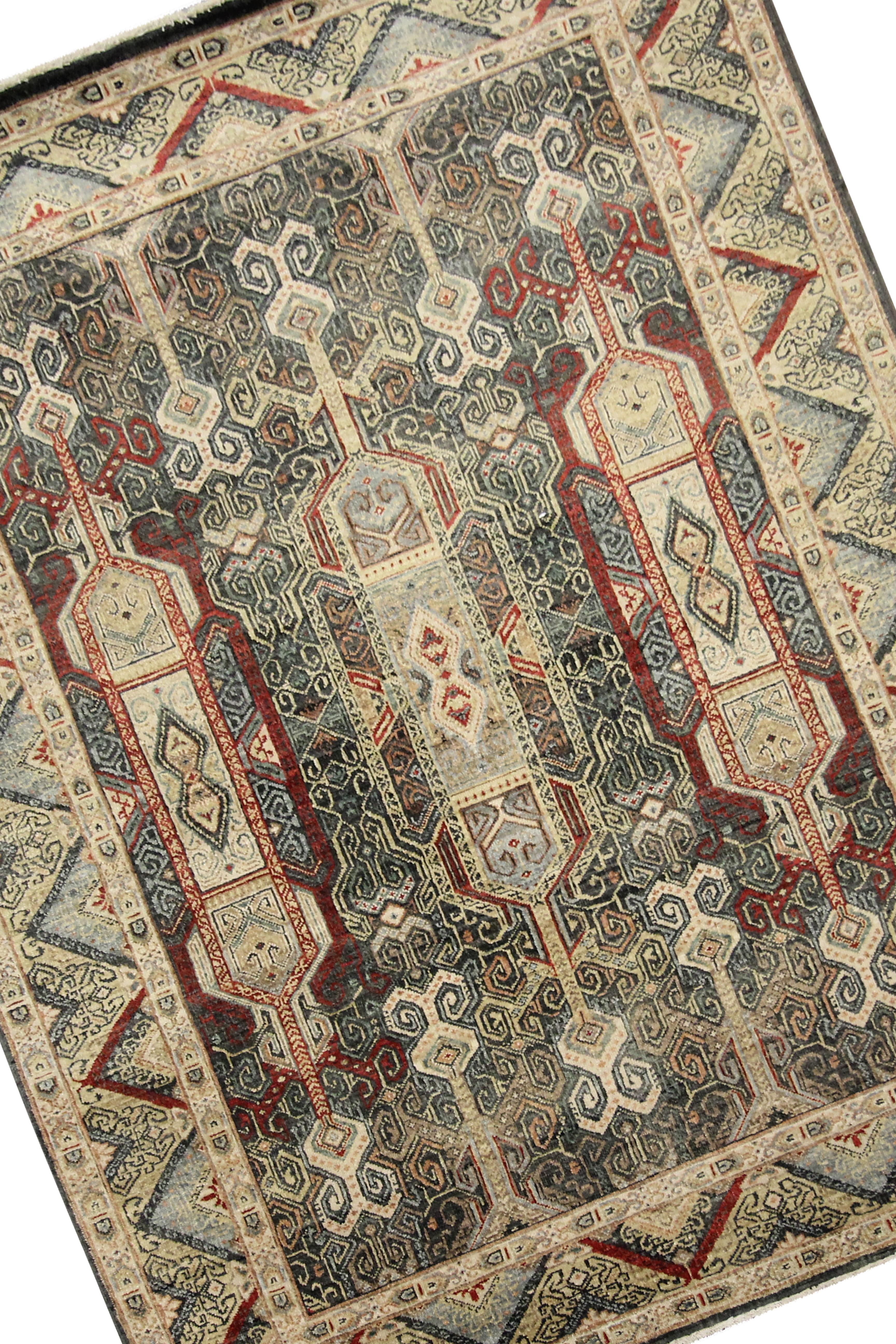 Tribal Handmade Carpet Traditional Indian Wool Area Rug Beige Green Geometric For Sale