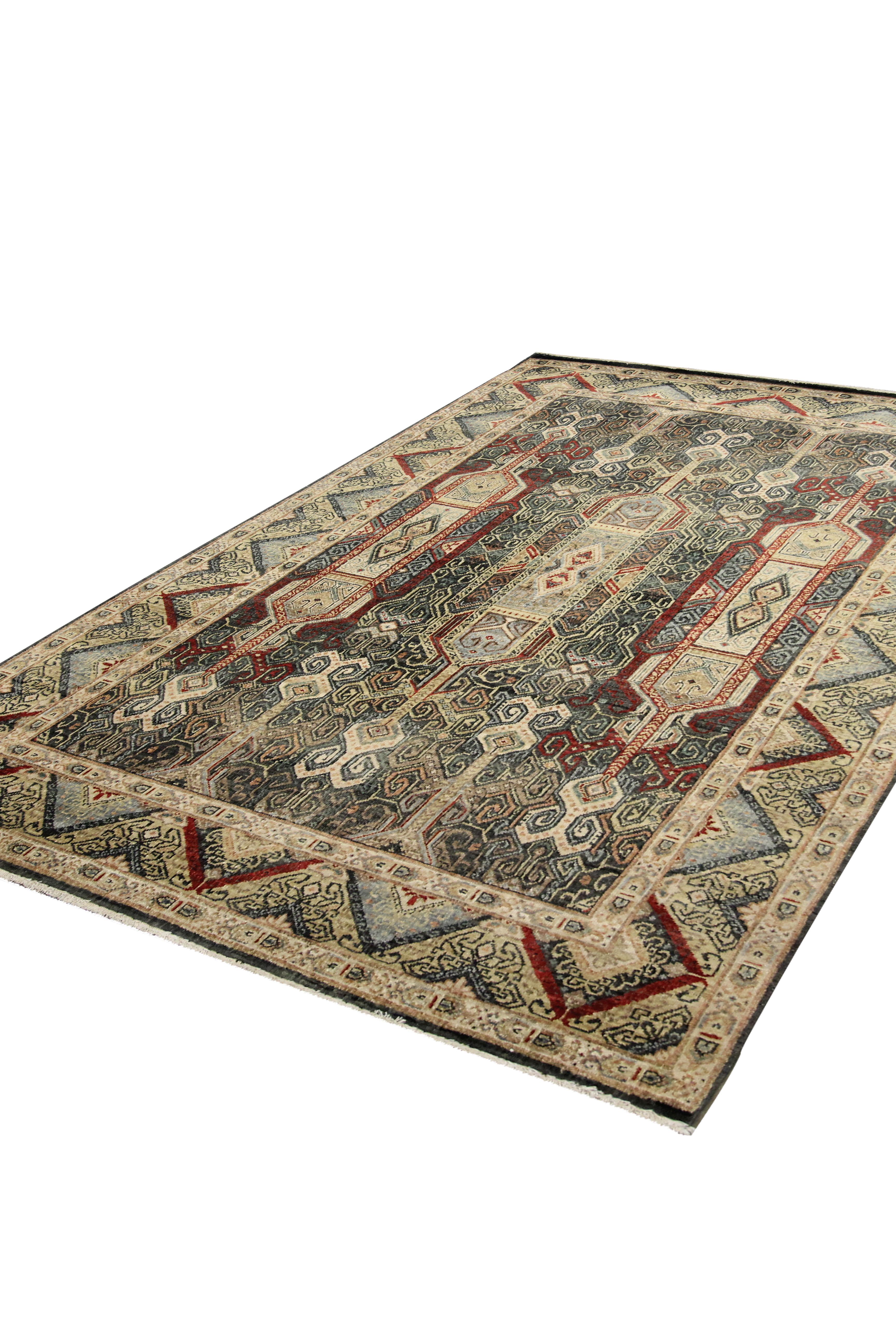 Hand-Knotted Handmade Carpet Traditional Indian Wool Area Rug Beige Green Geometric For Sale