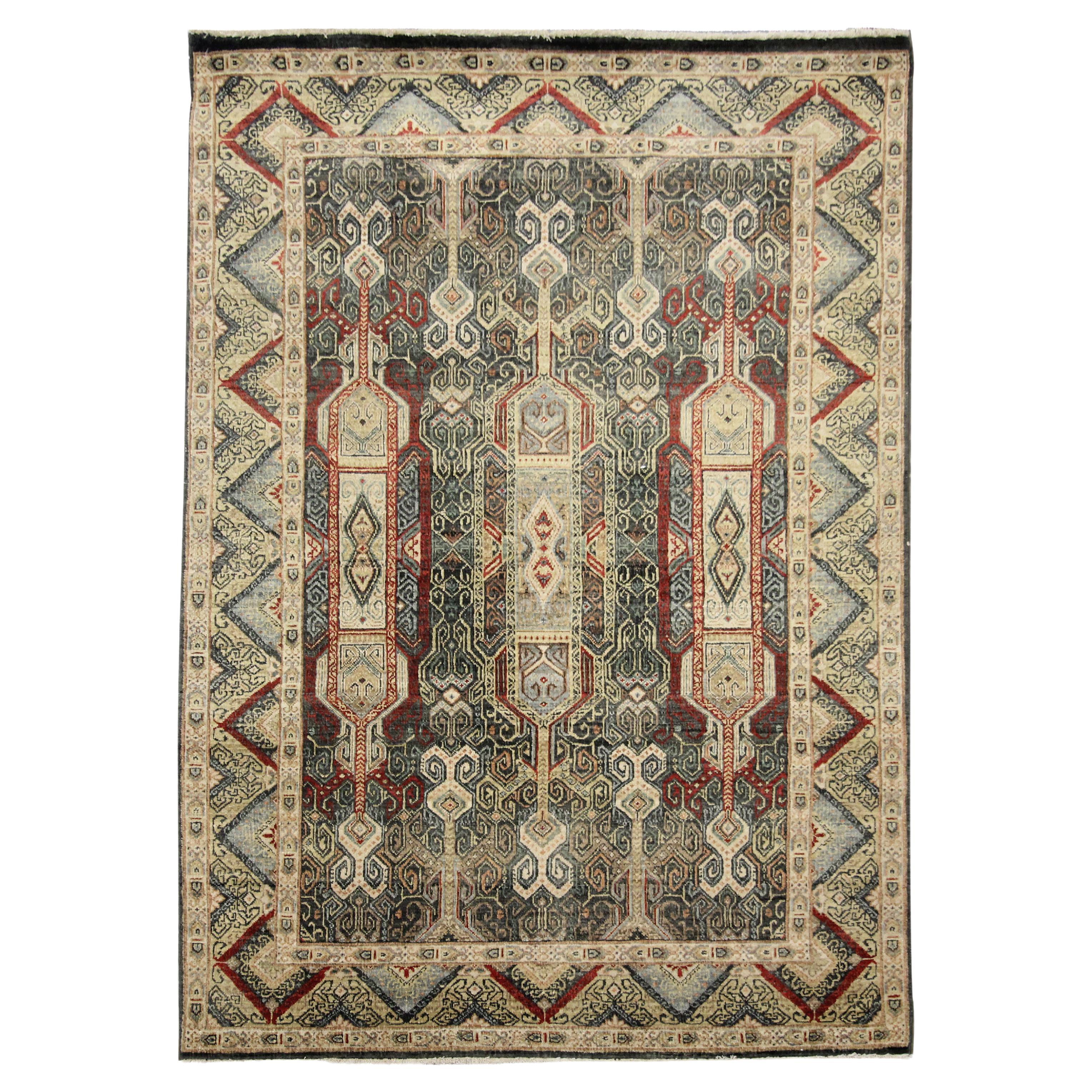 Handmade Carpet Traditional Indian Wool Area Rug Beige Green Geometric For Sale