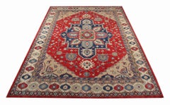 Alfombra Geométrica Hecha a Mano, Alfombra Medallón Rojo Alfombra Kazak Tradicional