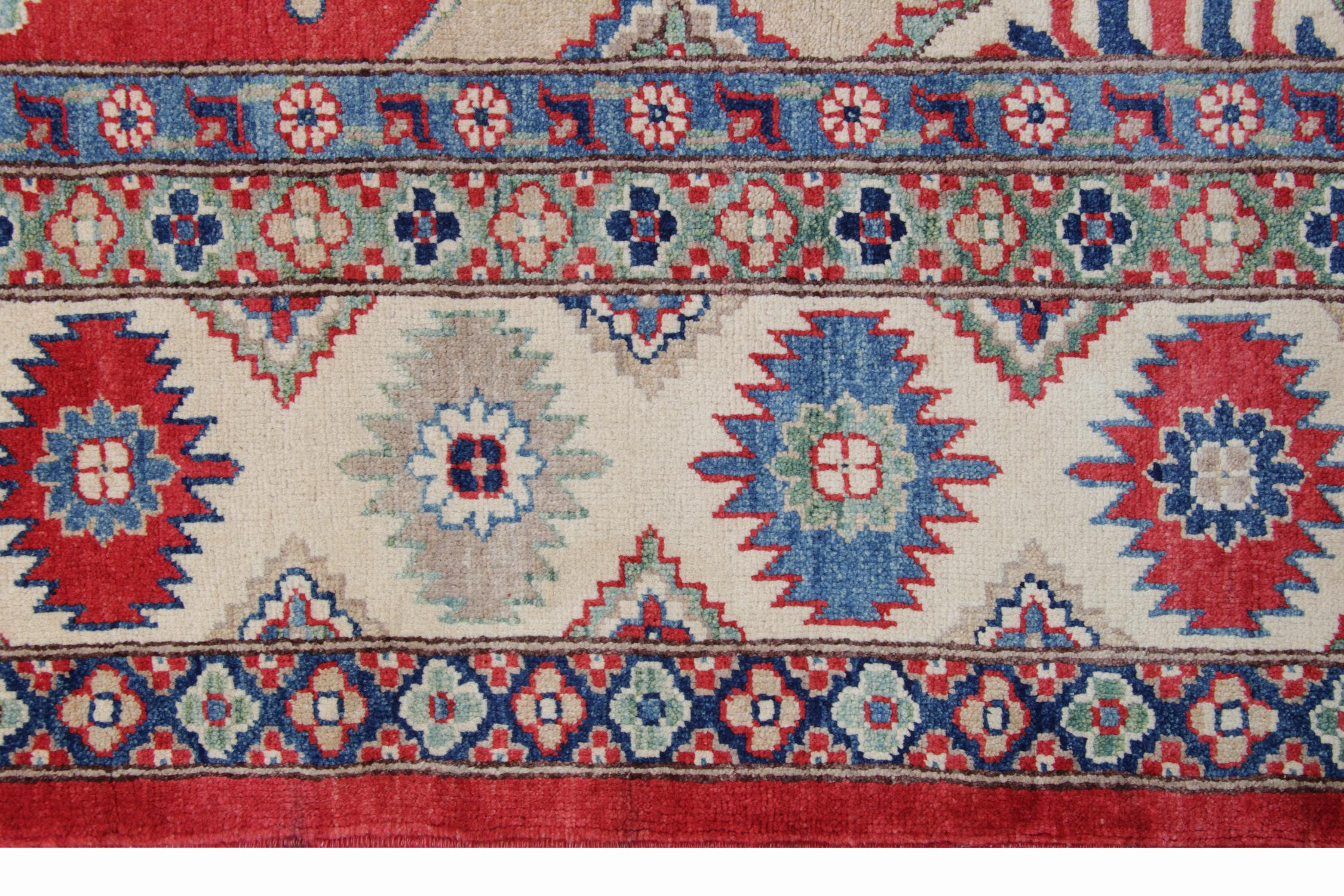 Afghan Handmade Geometric Rug, Red Medallion Carpet Traditional Kazak Rug  For Sale