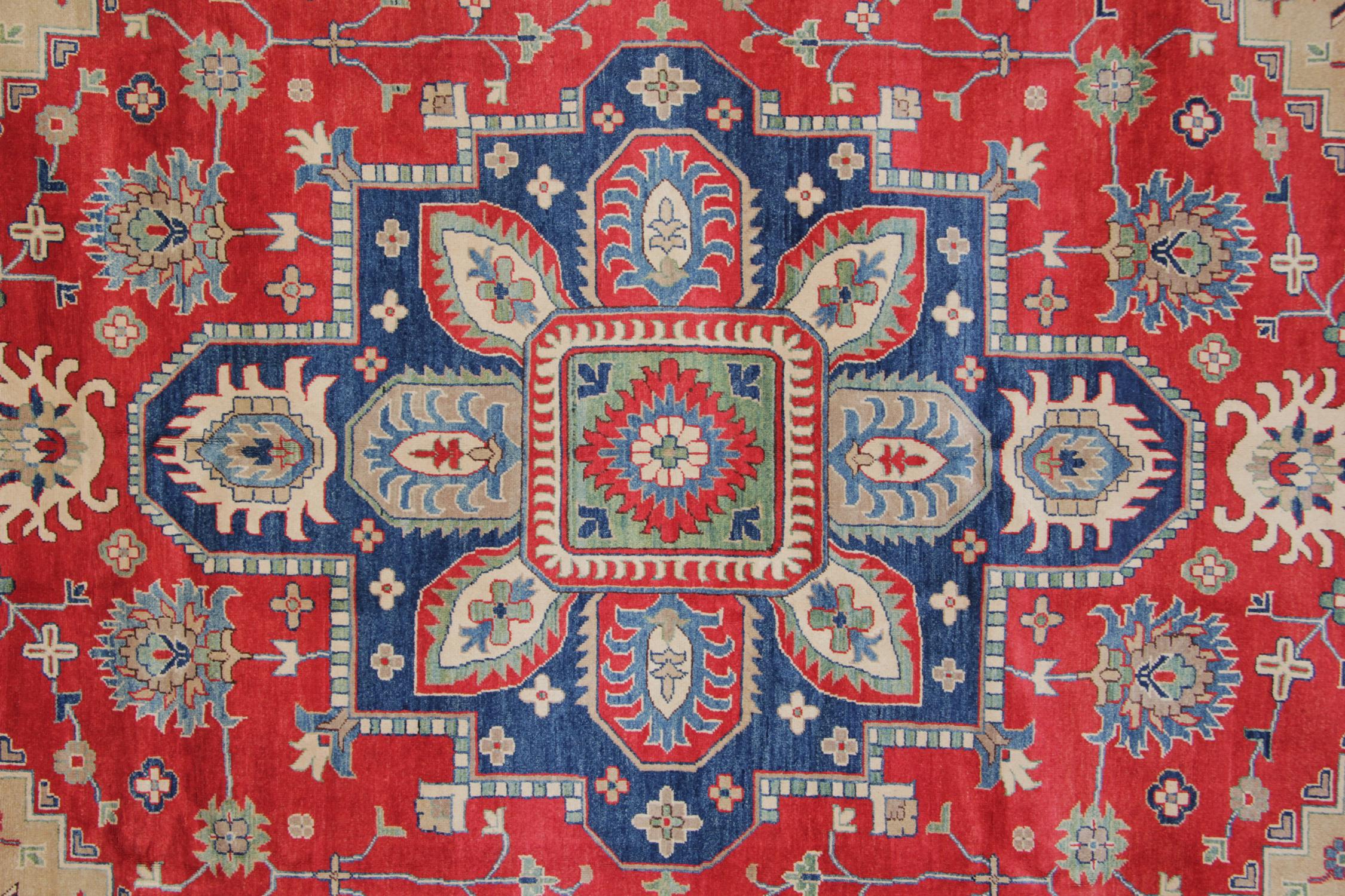 Hand-Woven Handmade Geometric Rug, Red Medallion Carpet Traditional Kazak Rug  For Sale