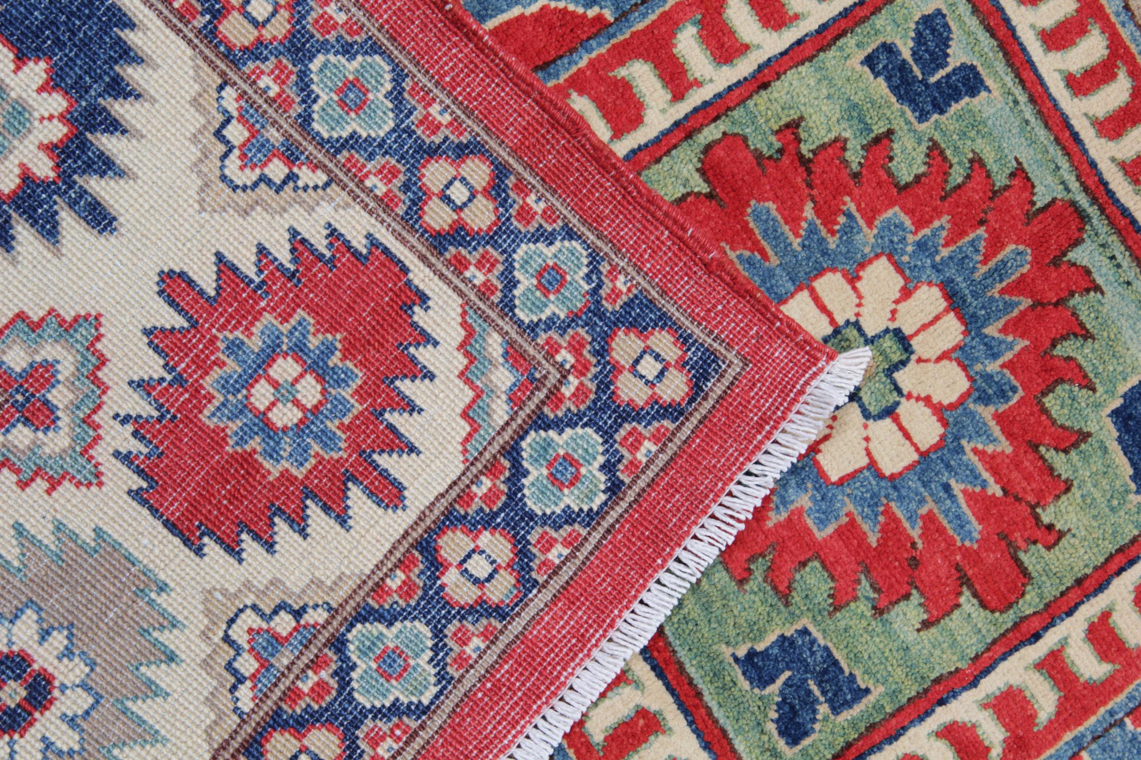 Late 20th Century Handmade Geometric Rug, Red Medallion Carpet Traditional Kazak Rug  For Sale