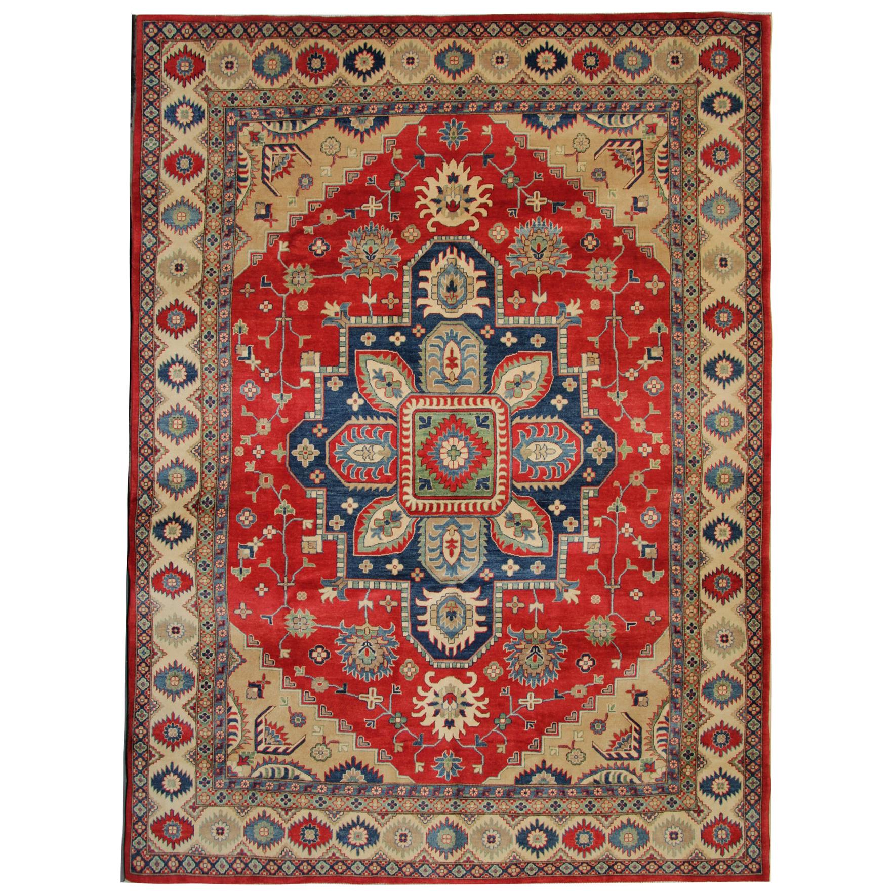 Tapis géométrique fait à la main, tapis traditionnel Kazak à médaillon rouge 