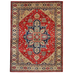 Vintage Handmade Geometric Rug, Red Medallion Carpet Traditional Kazak Rug 