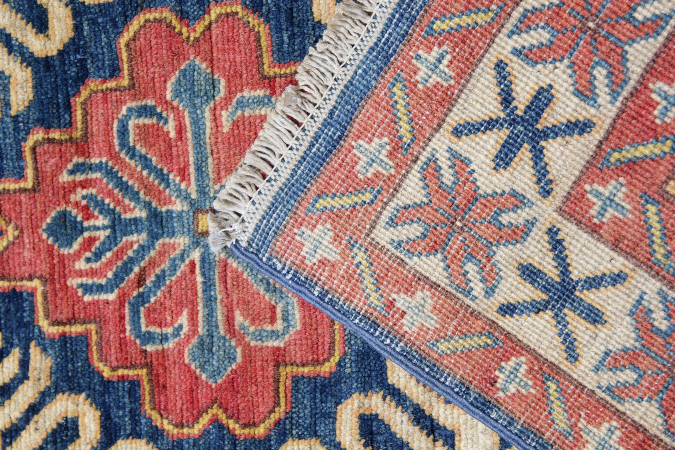 Afghan Handmade Runner Rug Blue and Red Medallion Rug Carpet Geometric Kazak Rug  For Sale