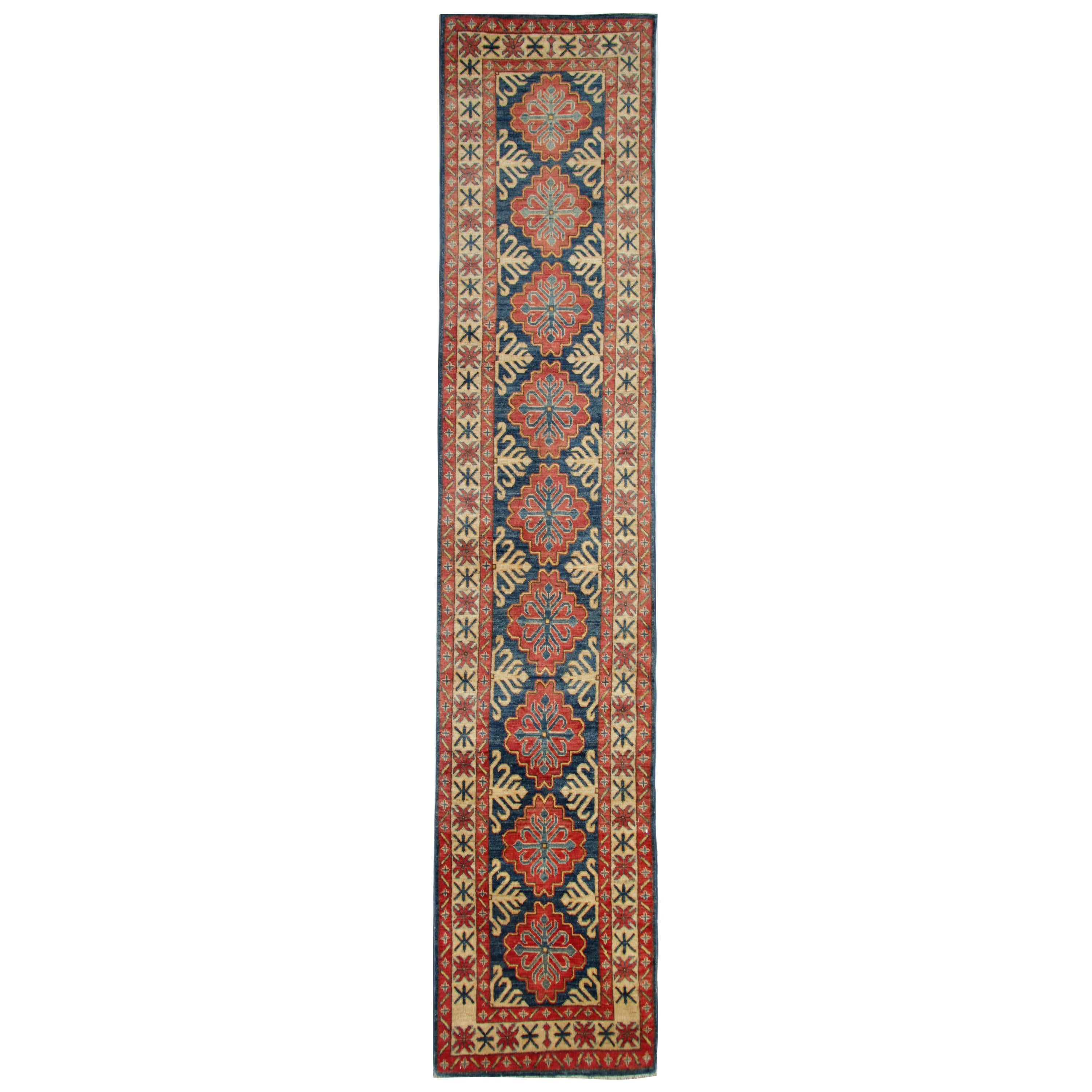 Handmade Runner Rug Blue and Red Medallion Rug Carpet Geometric Kazak Rug  For Sale