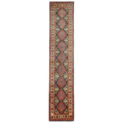 Handmade Runner Rug Blue and Red Medallion Rug Carpet Geometric Kazak Rug