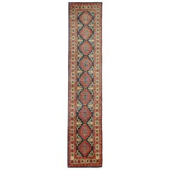 Handmade Runner Rug Blue and Red Medallion Rug Carpet Geometric Kazak Rug 