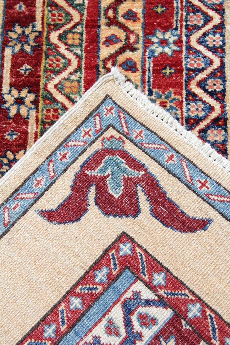 Handmade Runner Rug Traditional Kazak Carpet Rug Yellow Striped Runner