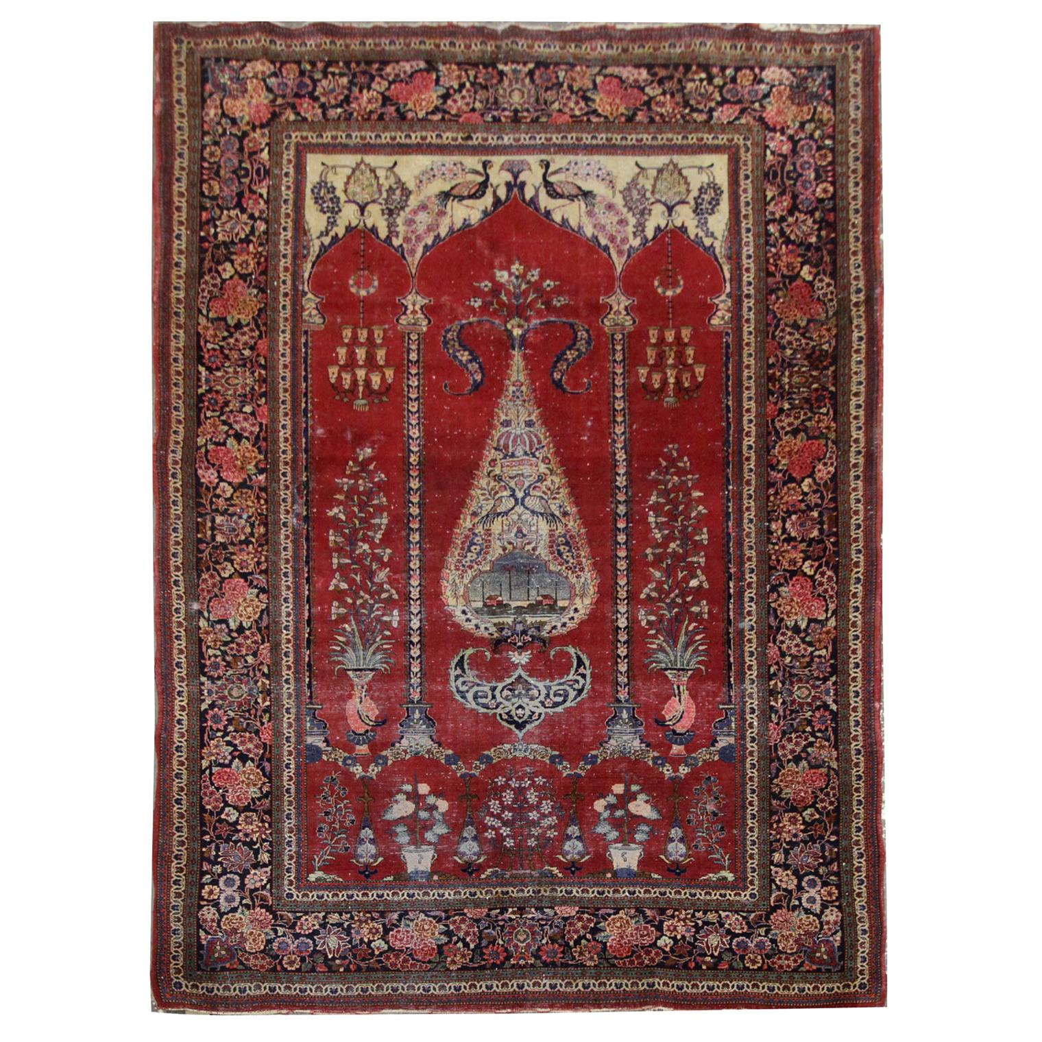Handgefertigter Teppich Baum des Lebens Vintage Wohnzimmer Teppich Rot Orientalischer Teppich zu verkaufen im Angebot