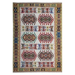 Retro Handmade Carpet Tribal Kilim Rug Geometric Green Cream Area Rug