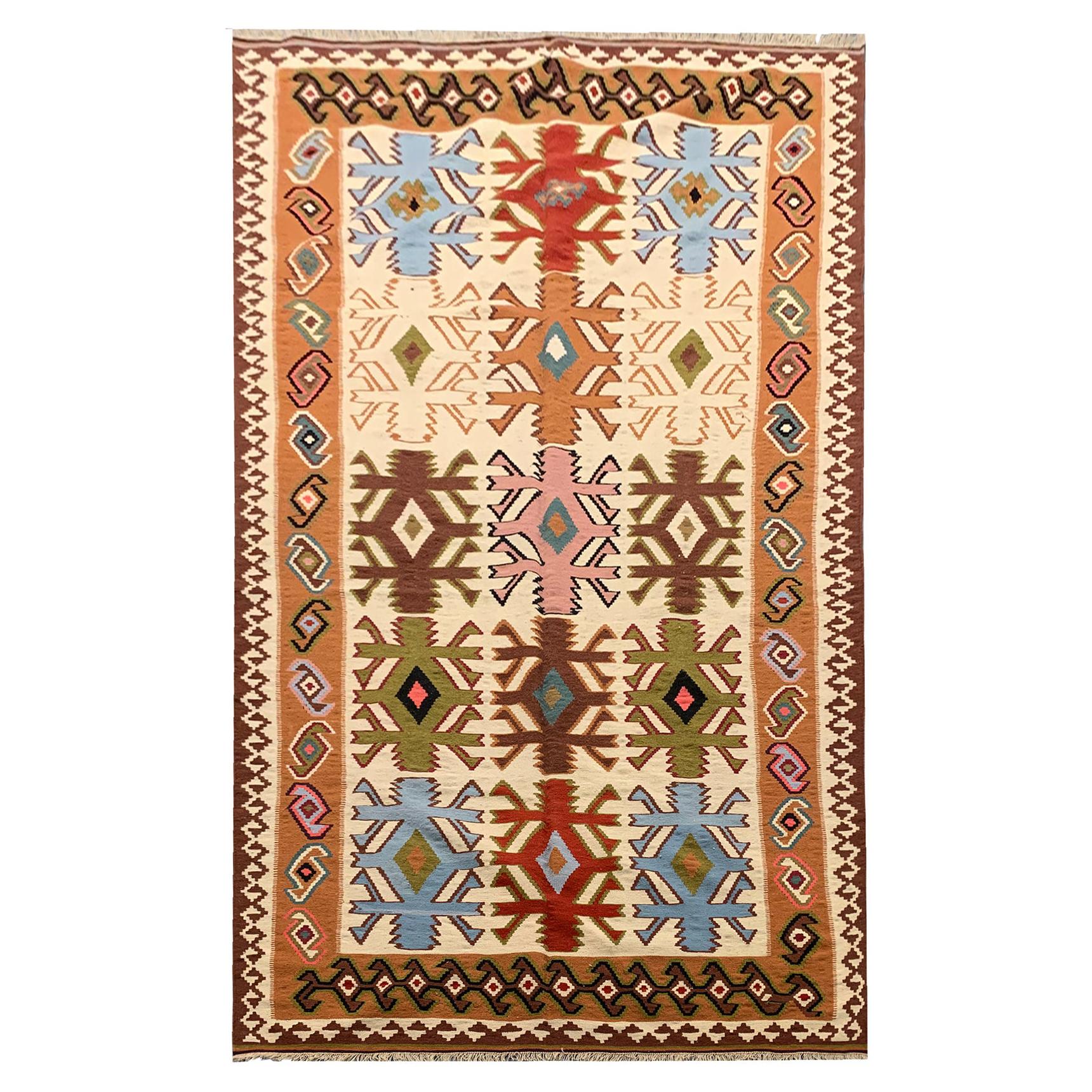 Tapis Kilim turc fait main tissé à plat - Grand tapis Kilims vintage