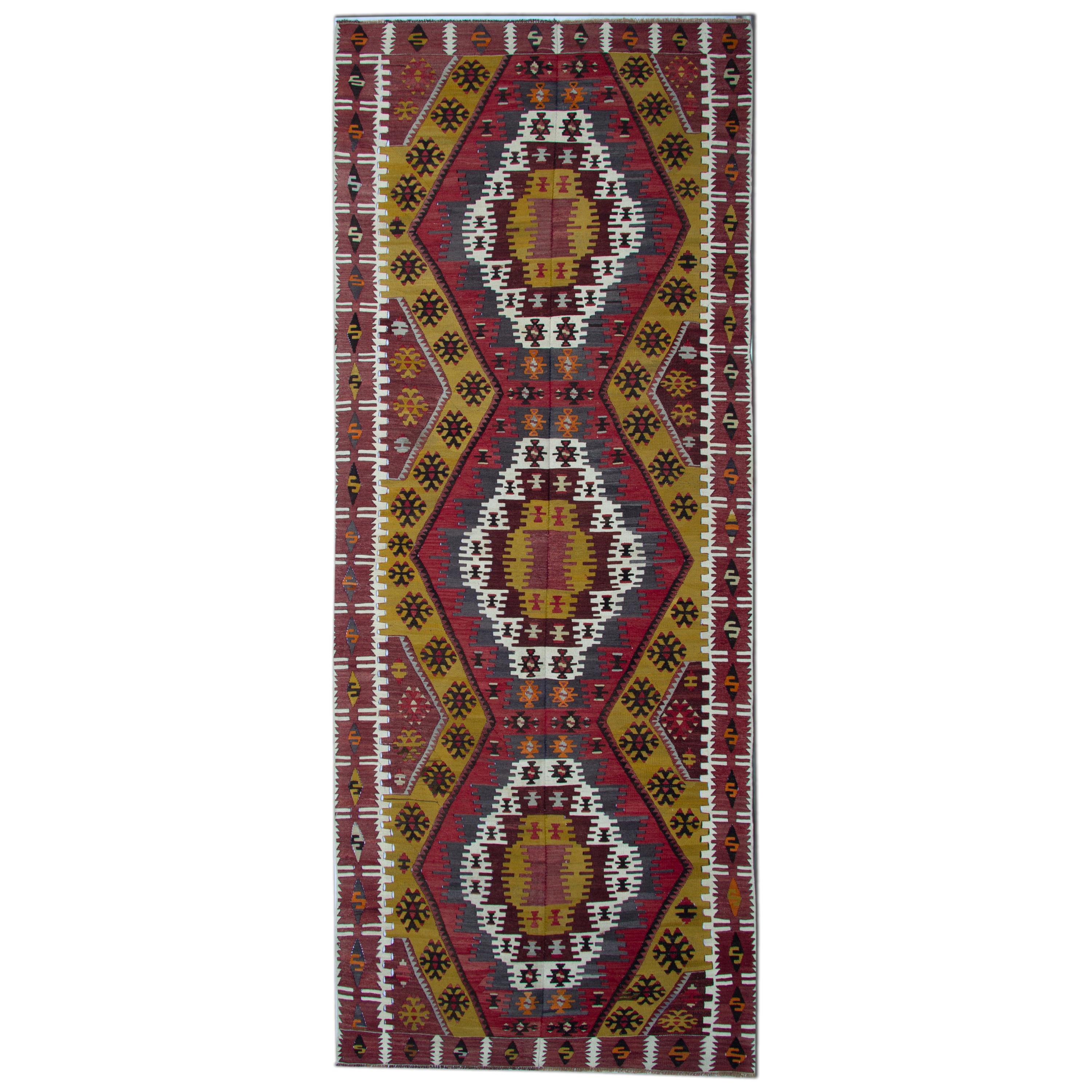 Handgefertigter türkischer Kelim-Teppich, antiker Läufer, goldener Teppich, Läuferstaffel