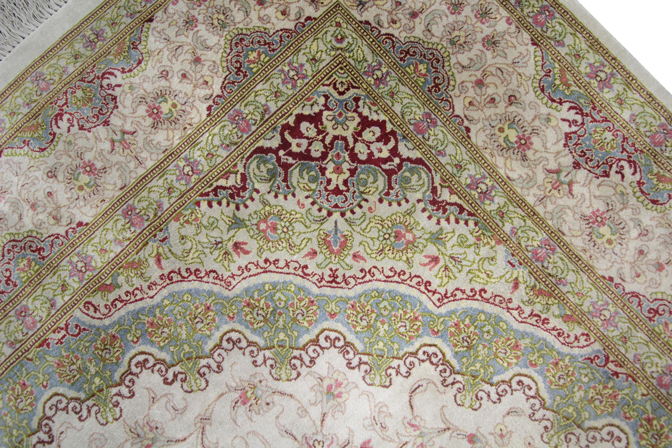 Cotton Handmade Carpet Turkish Silk Rug, Traditional Green Oriental Rug For Sale