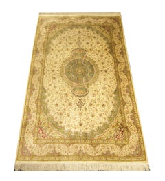 Handmade Carpet Turkish Silk Rug, Traditional Green Oriental Rug