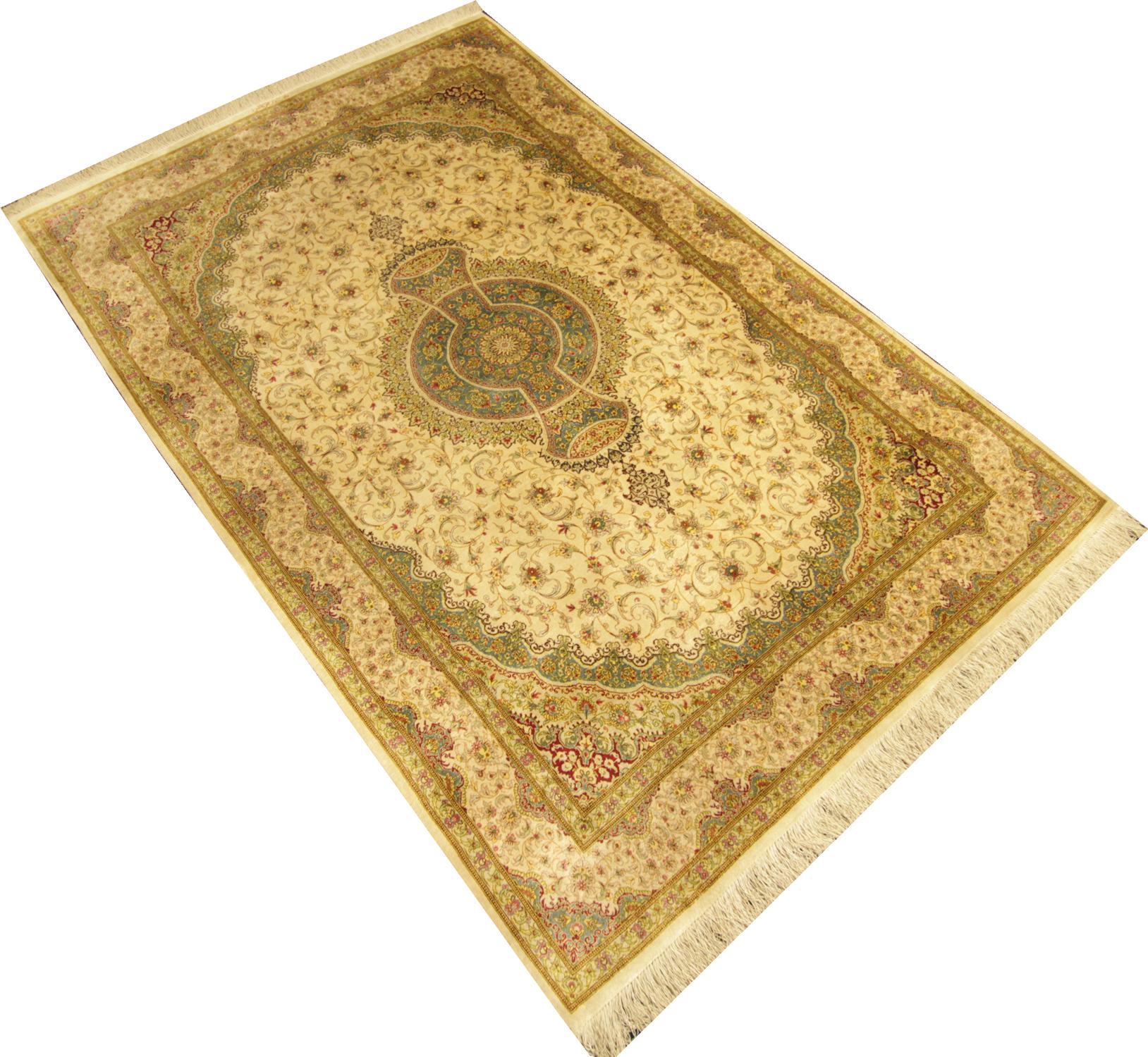 Handgefertigter türkischer Seidenteppich, traditioneller grüner orientalischer Teppich (Viktorianisch) im Angebot