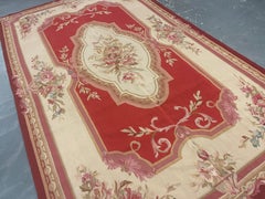 Handmade Carpet Vintage Aubusson Rug 1980 French- Red and Beige Wool Rugs