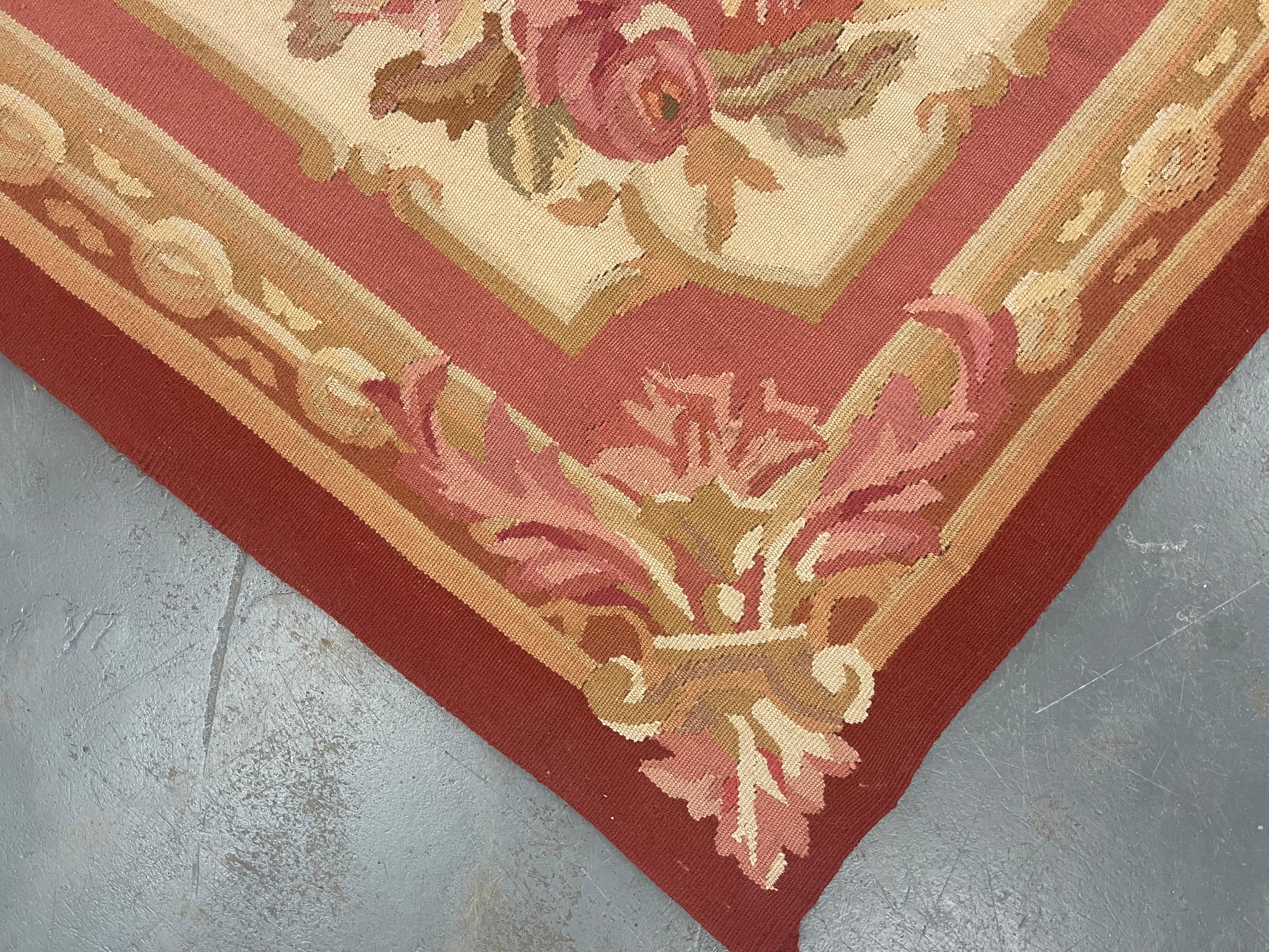 Vegetable Dyed Handmade Carpet Vintage Aubusson Rug 1980 French- Red and Beige Wool Rugs For Sale