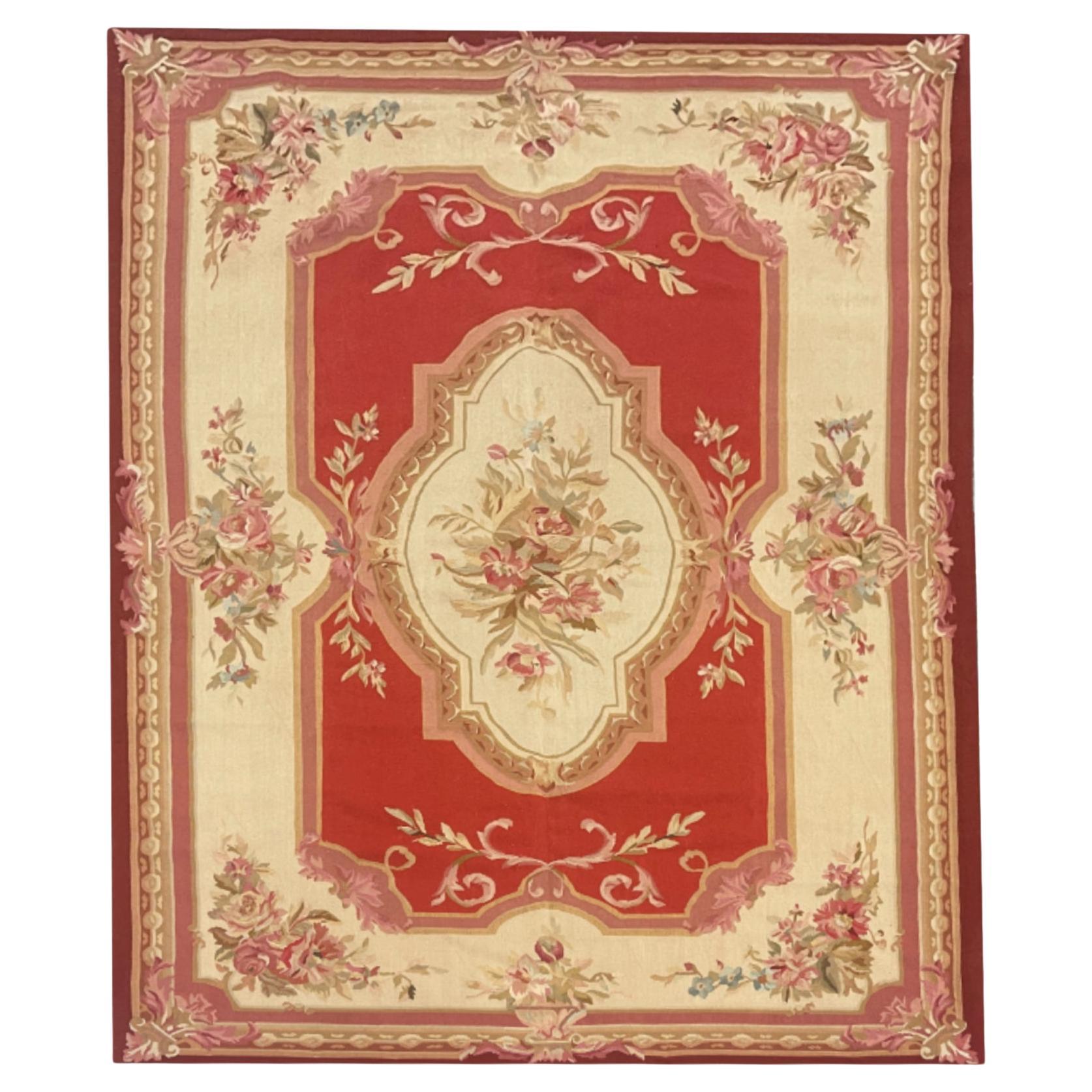 Handmade Carpet Vintage Aubusson Rug 1980 French- Red and Beige Wool Rugs For Sale